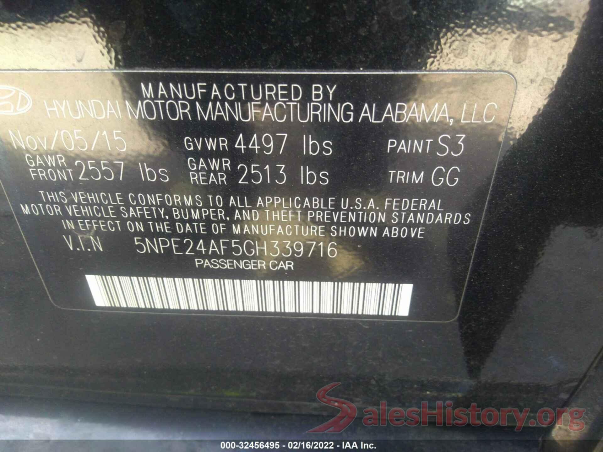 5NPE24AF5GH339716 2016 HYUNDAI SONATA