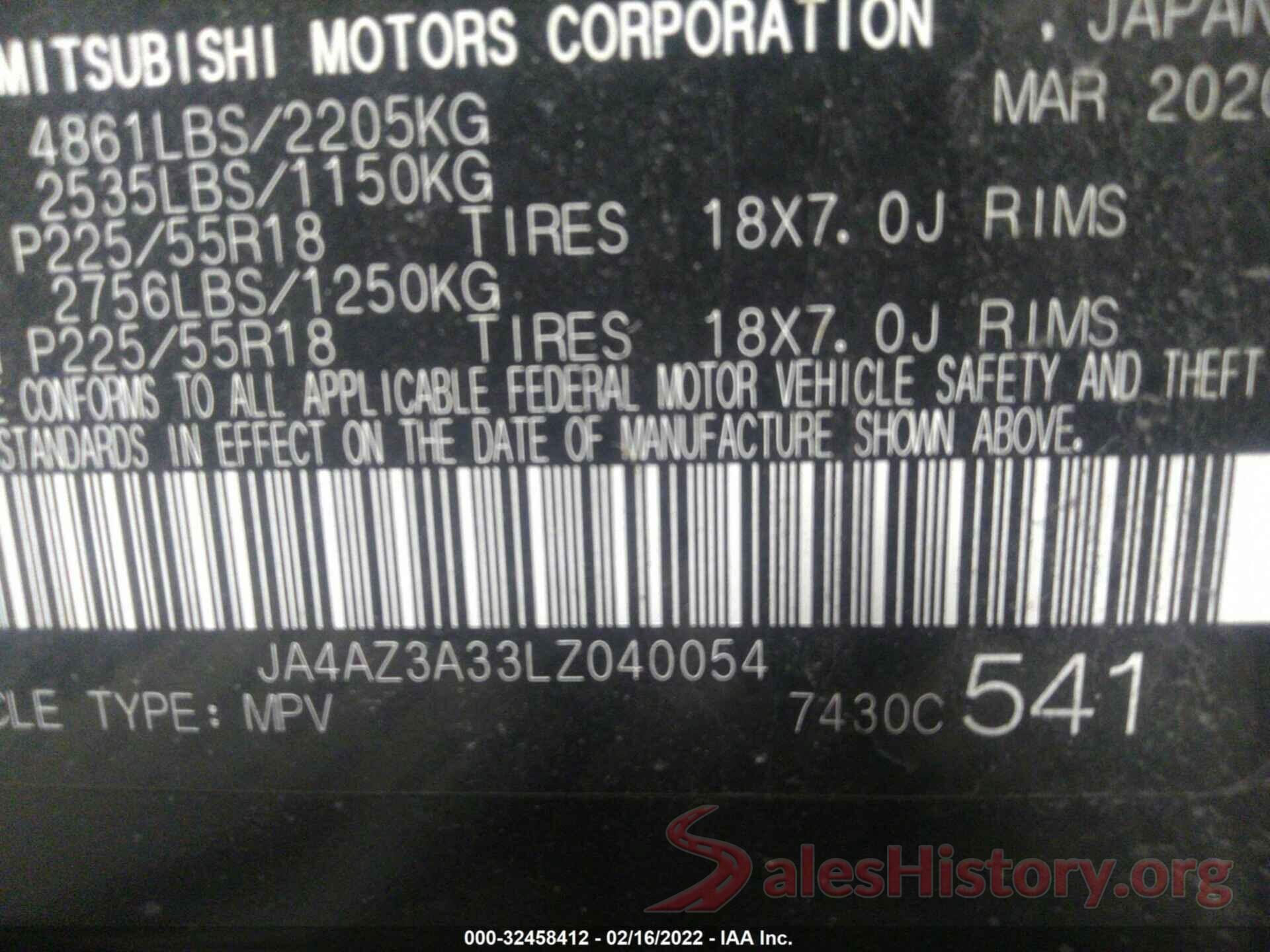 JA4AZ3A33LZ040054 2020 MITSUBISHI OUTLANDER