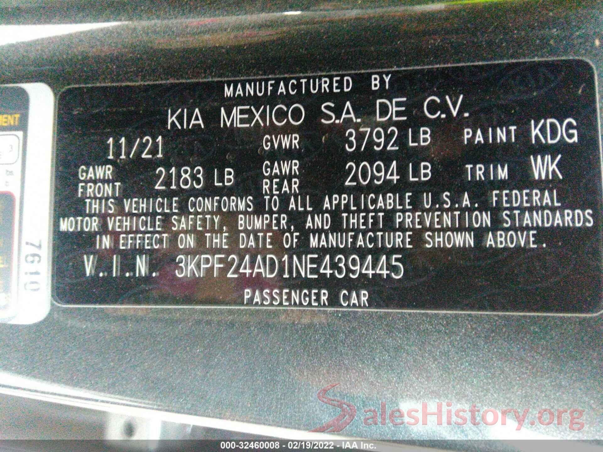 3KPF24AD1NE439445 2022 KIA FORTE