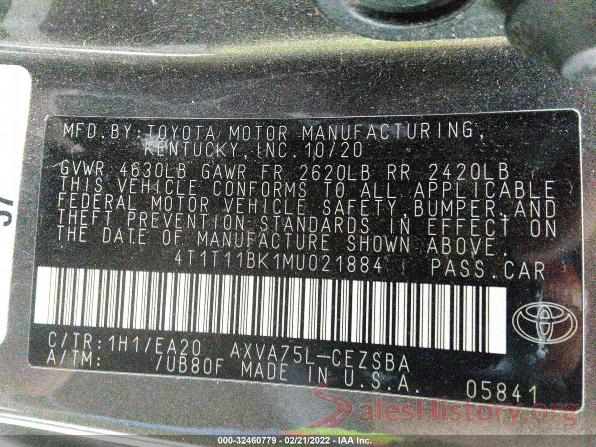 4T1T11BK1MU021884 2021 TOYOTA CAMRY