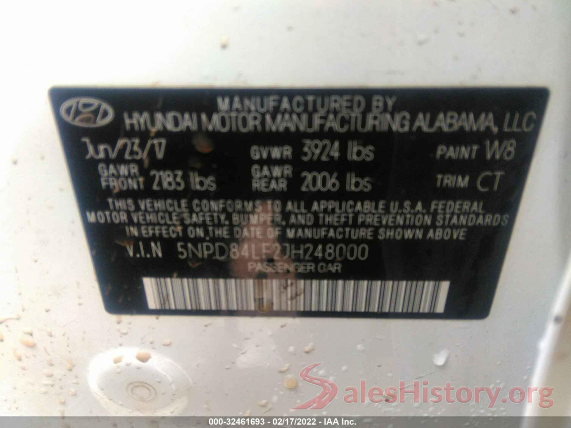 5NPD84LF2JH248000 2018 HYUNDAI ELANTRA