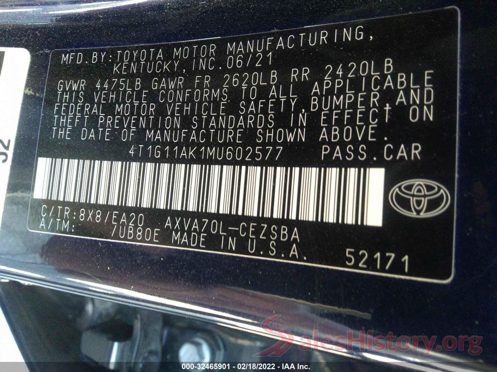 4T1G11AK1MU602577 2021 TOYOTA CAMRY