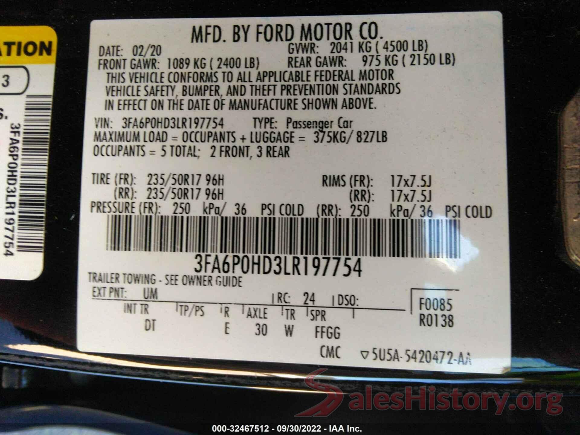 3FA6P0HD3LR197754 2020 FORD FUSION