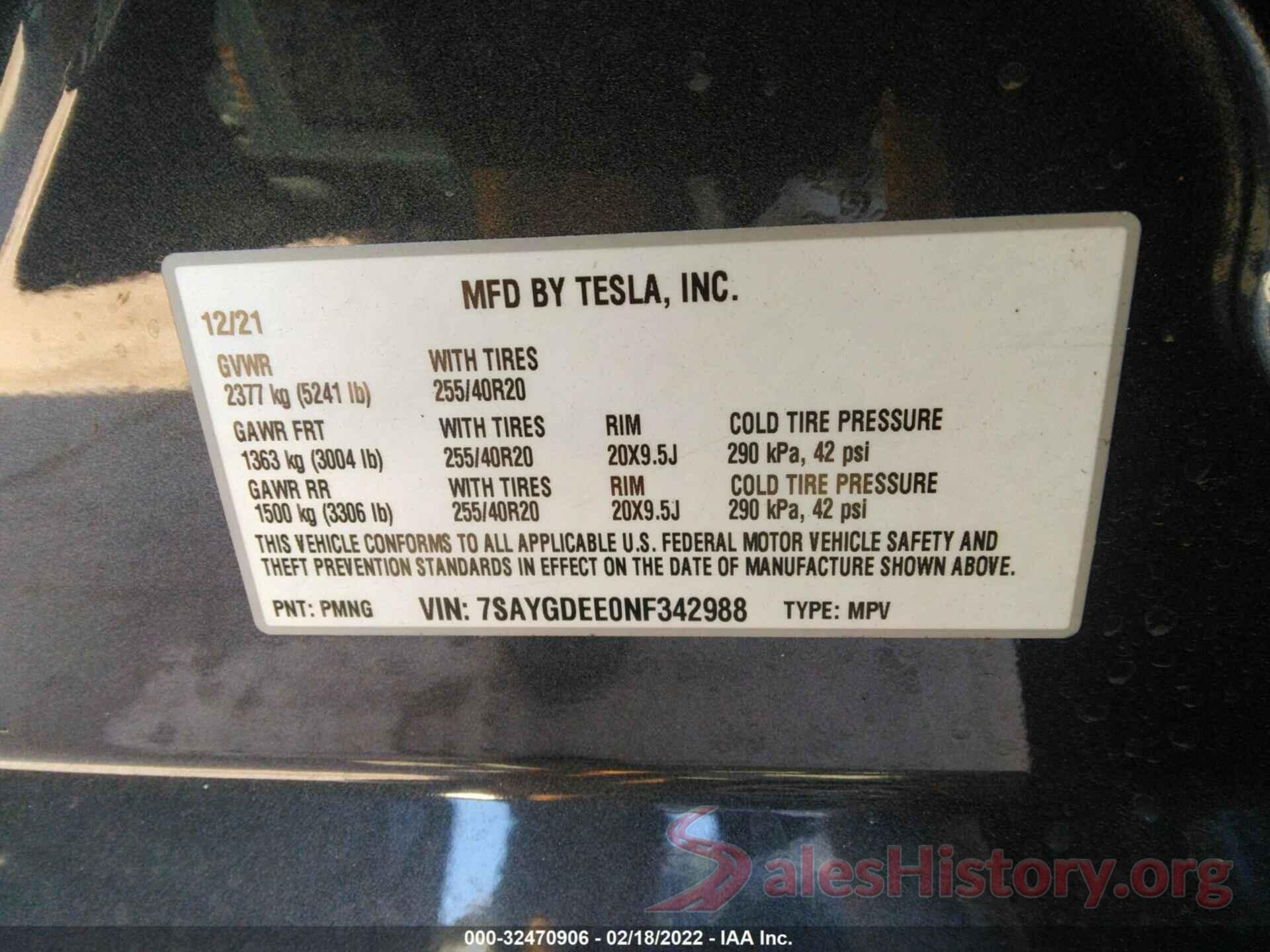 7SAYGDEE0NF342988 2022 TESLA MODEL Y