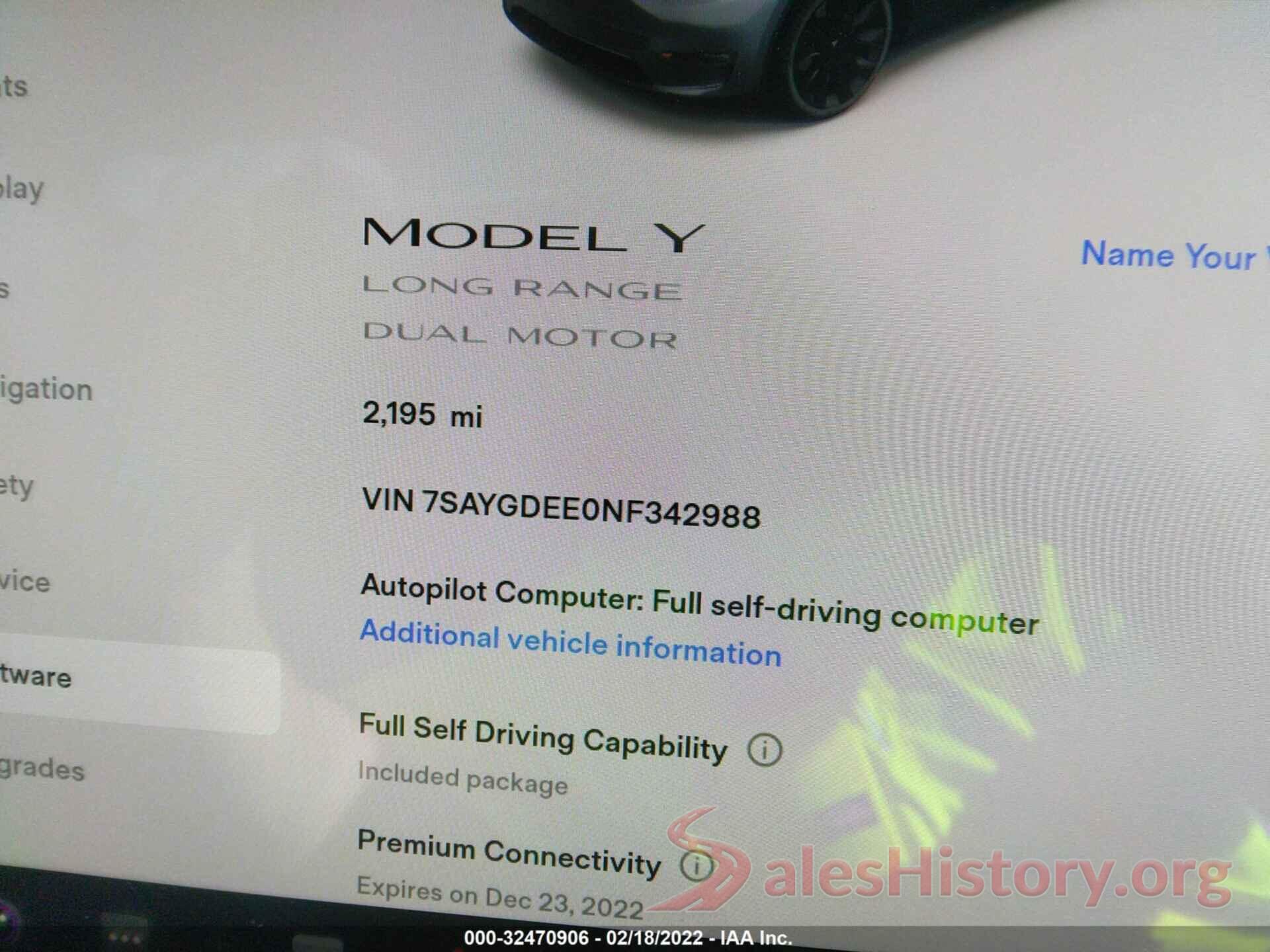 7SAYGDEE0NF342988 2022 TESLA MODEL Y