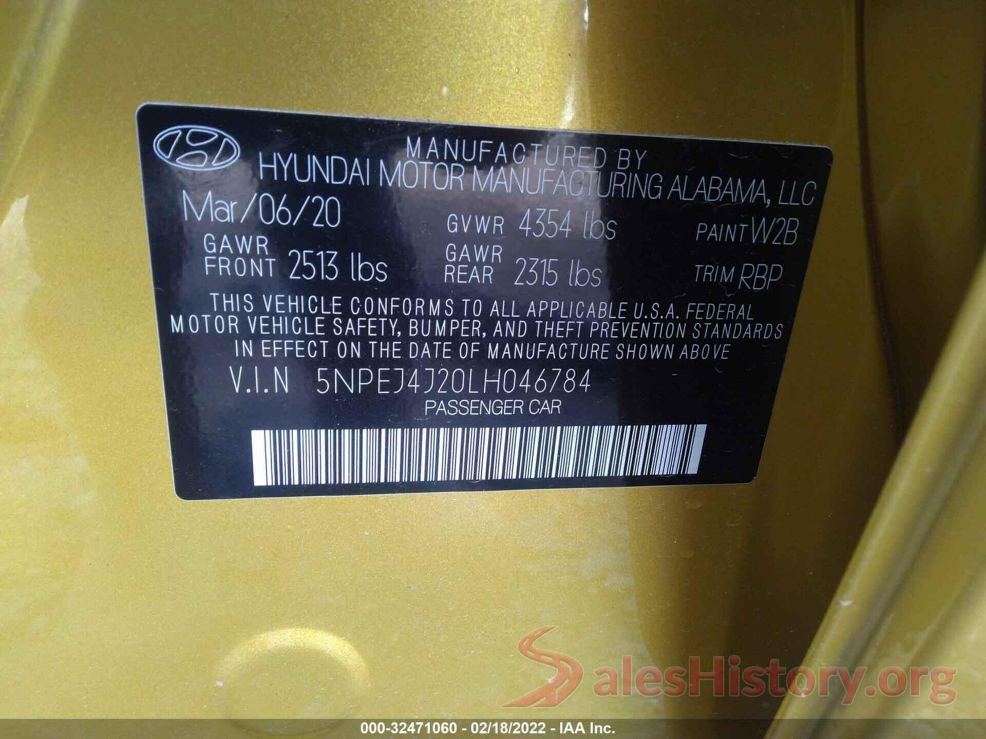 5NPEJ4J20LH046784 2020 HYUNDAI SONATA