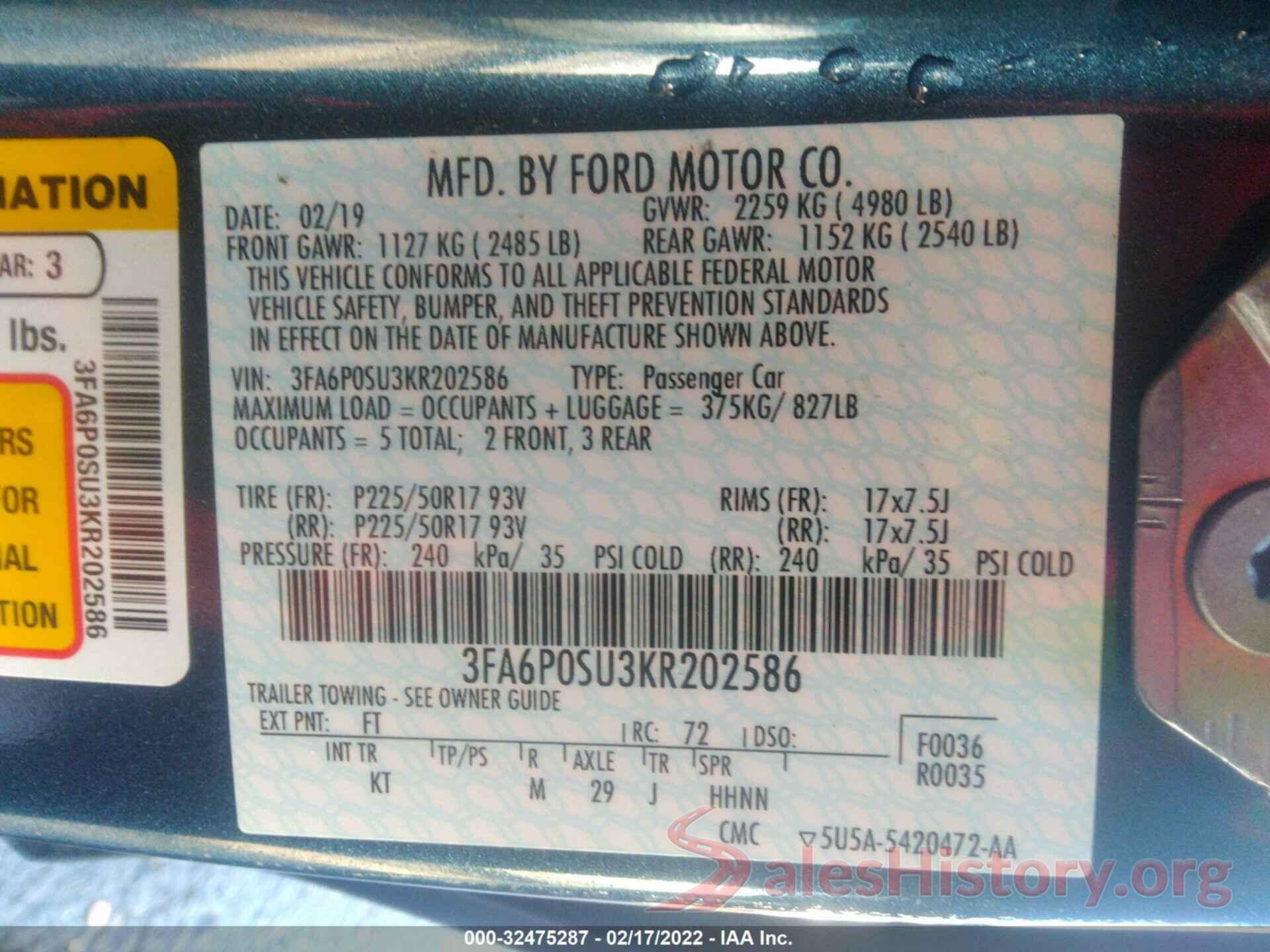 3FA6P0SU3KR202586 2019 FORD FUSION ENERGI