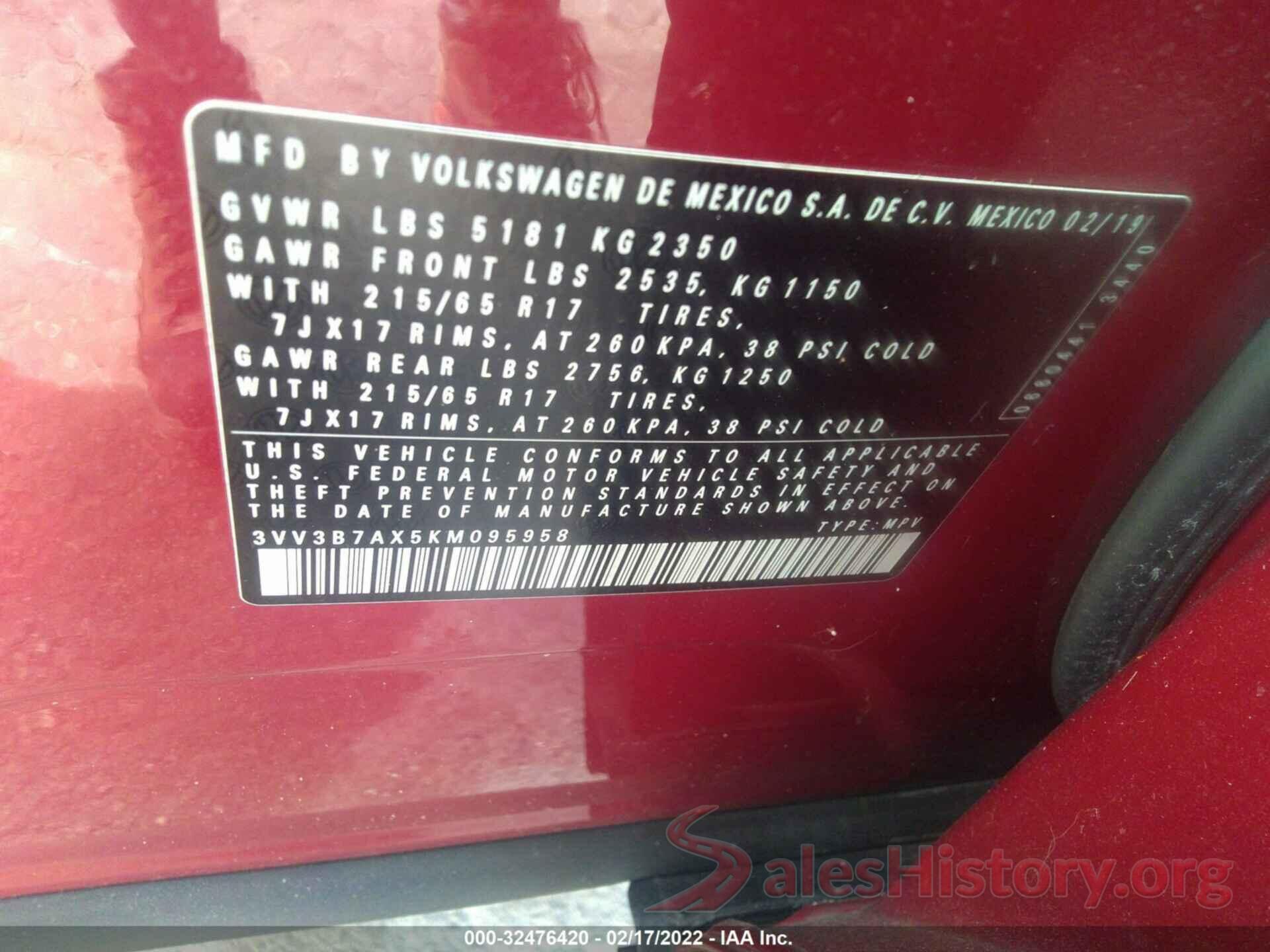 3VV3B7AX5KM095958 2019 VOLKSWAGEN TIGUAN