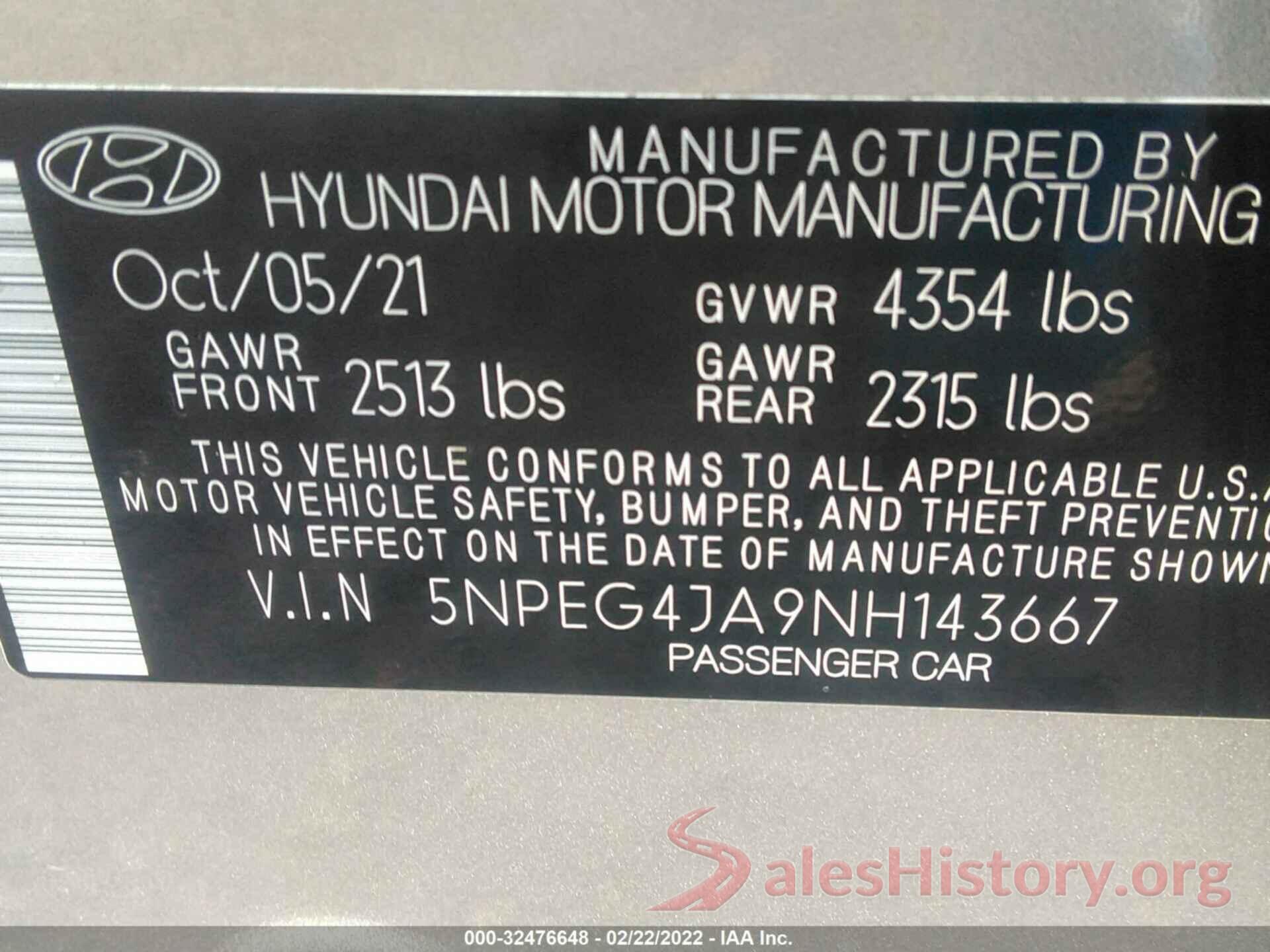 5NPEG4JA9NH143667 2022 HYUNDAI SONATA