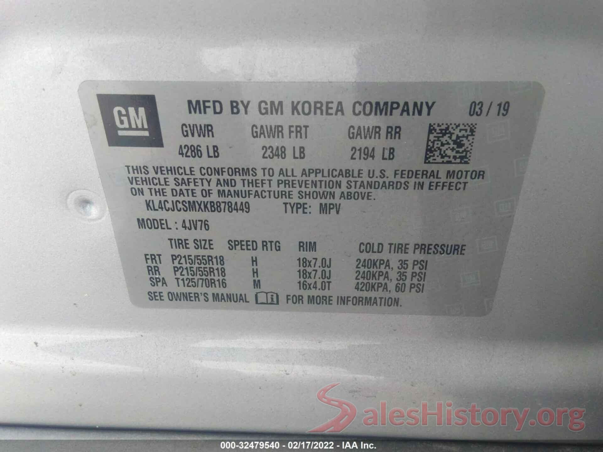 KL4CJCSMXKB878449 2019 BUICK ENCORE