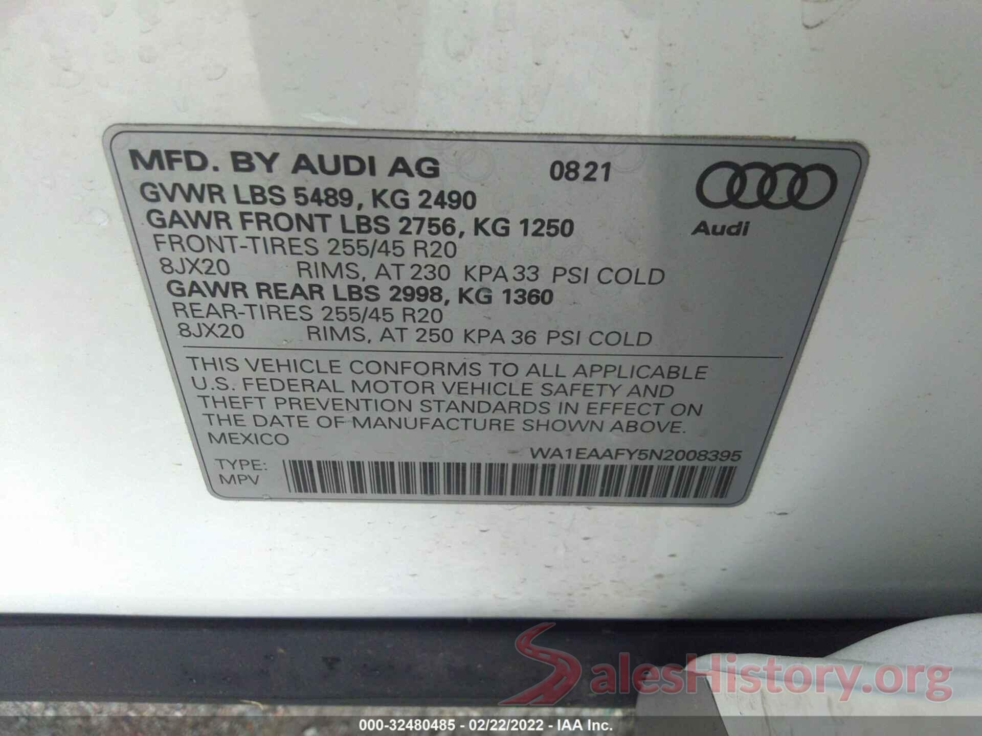 WA1EAAFY5N2008395 2022 AUDI Q5