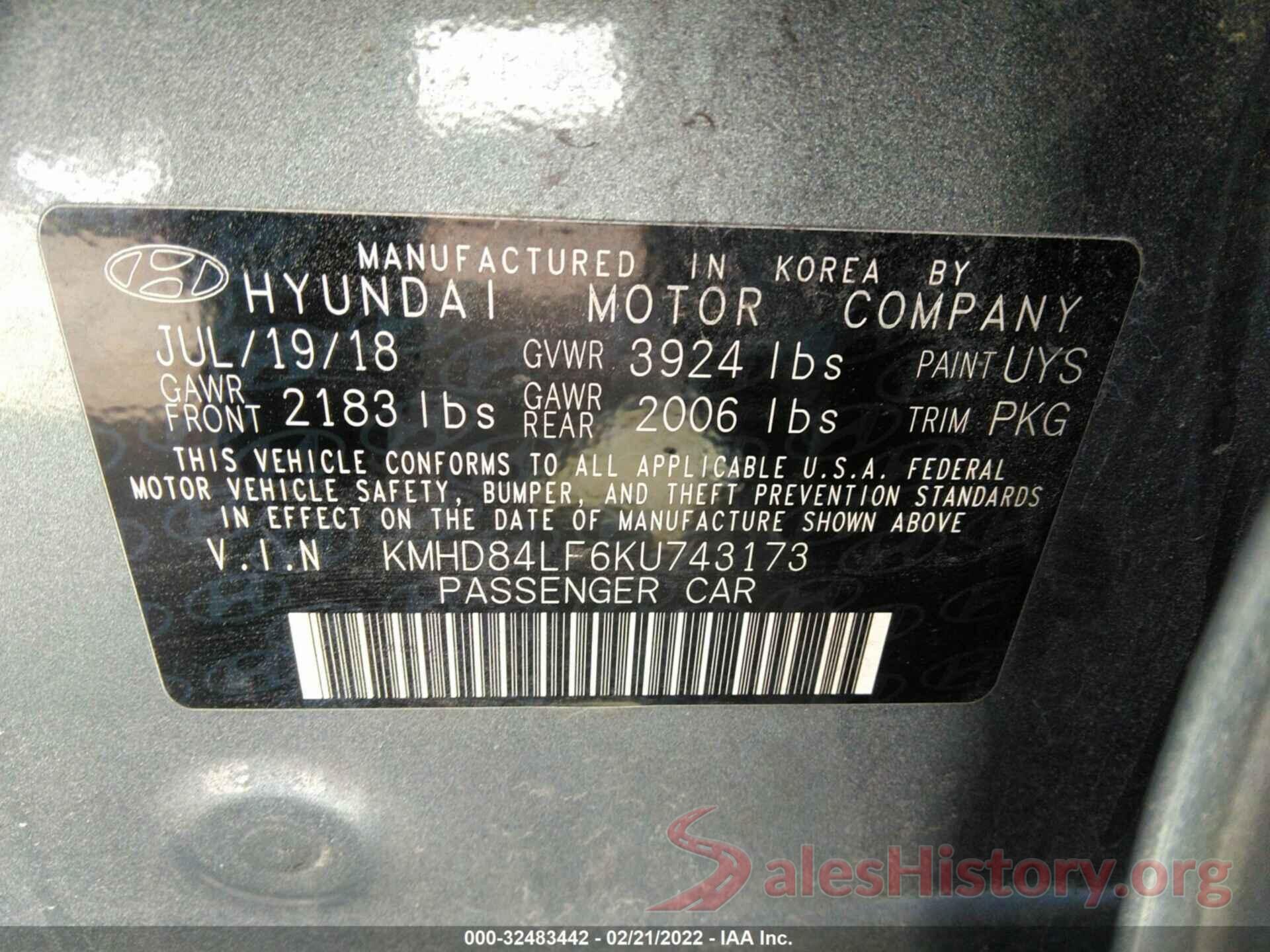 KMHD84LF6KU743173 2019 HYUNDAI ELANTRA