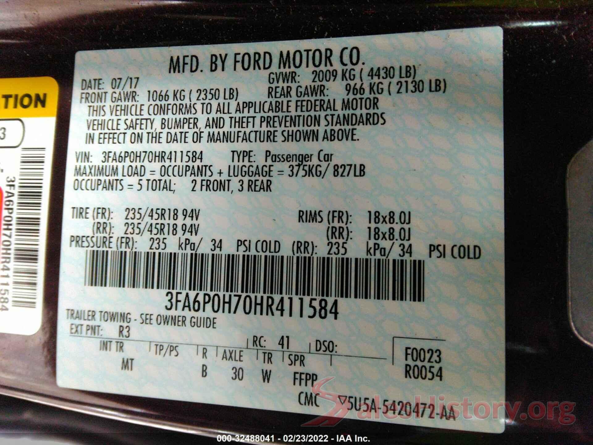 3FA6P0H70HR411584 2017 FORD FUSION