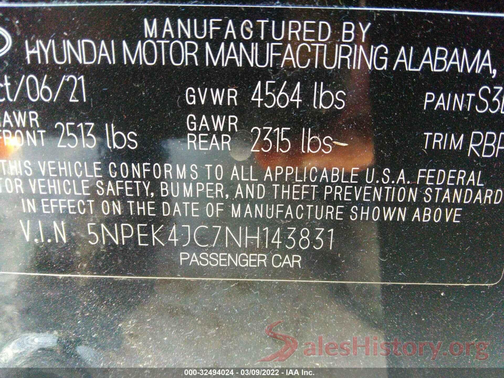 5NPEK4JC7NH143831 2022 HYUNDAI SONATA