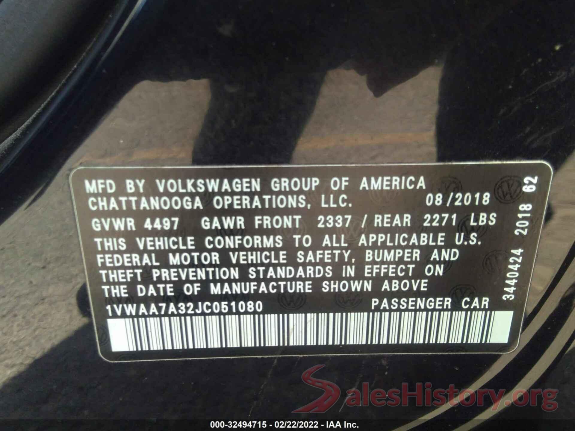 1VWAA7A32JC051080 2018 VOLKSWAGEN PASSAT