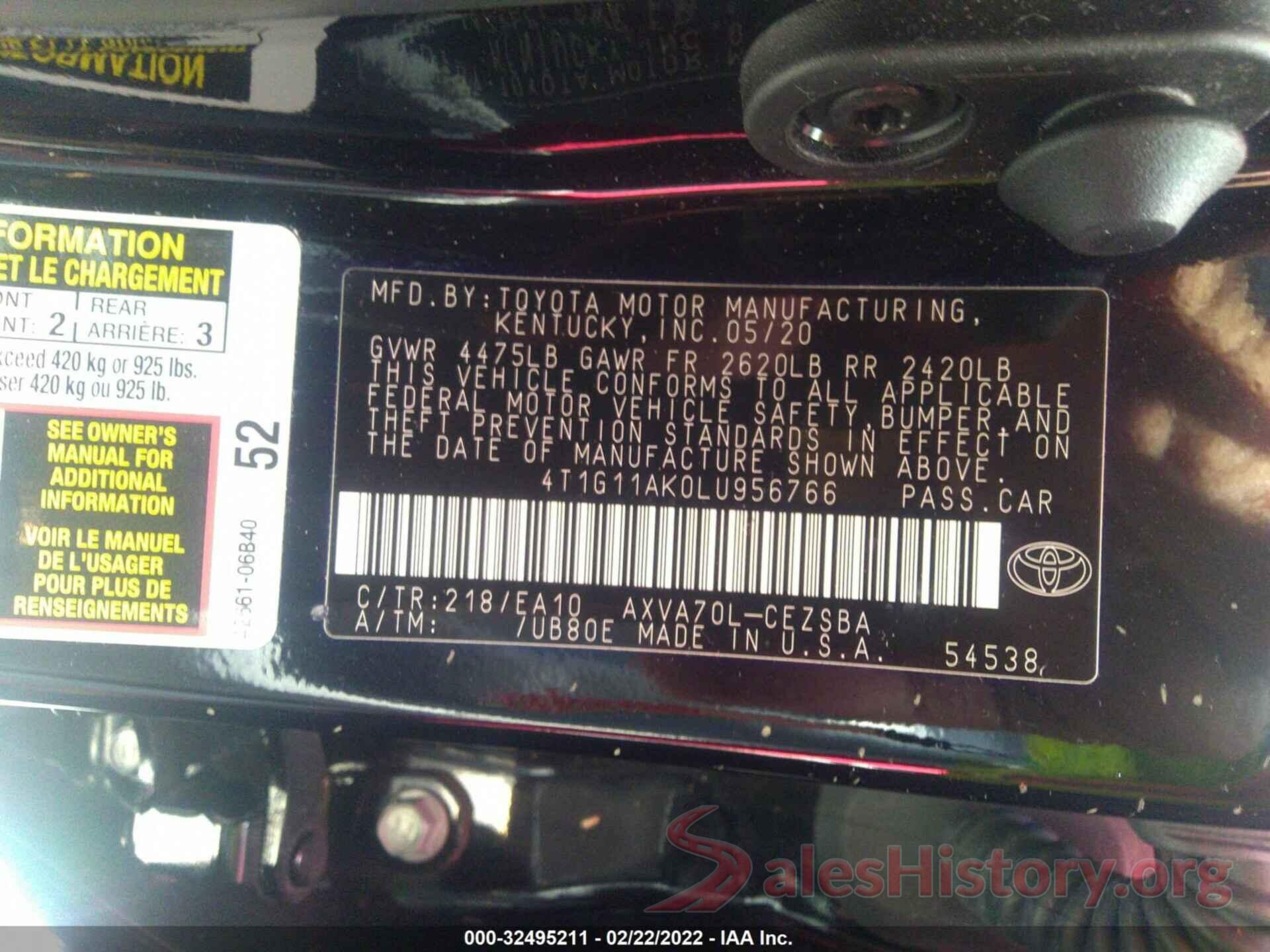 4T1G11AK0LU956766 2020 TOYOTA CAMRY