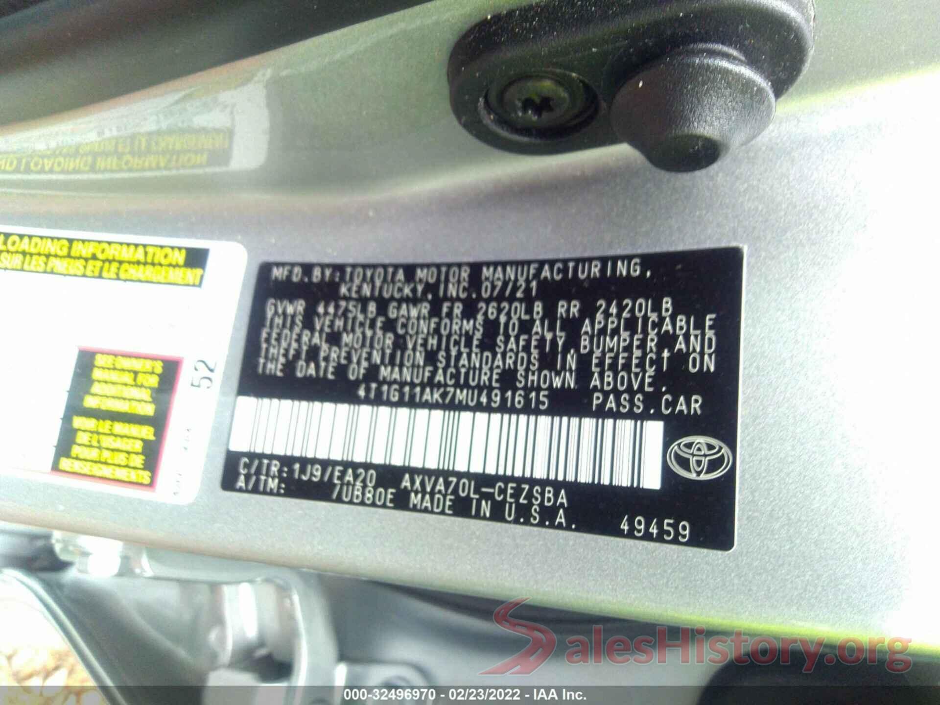 4T1G11AK7MU491615 2021 TOYOTA CAMRY