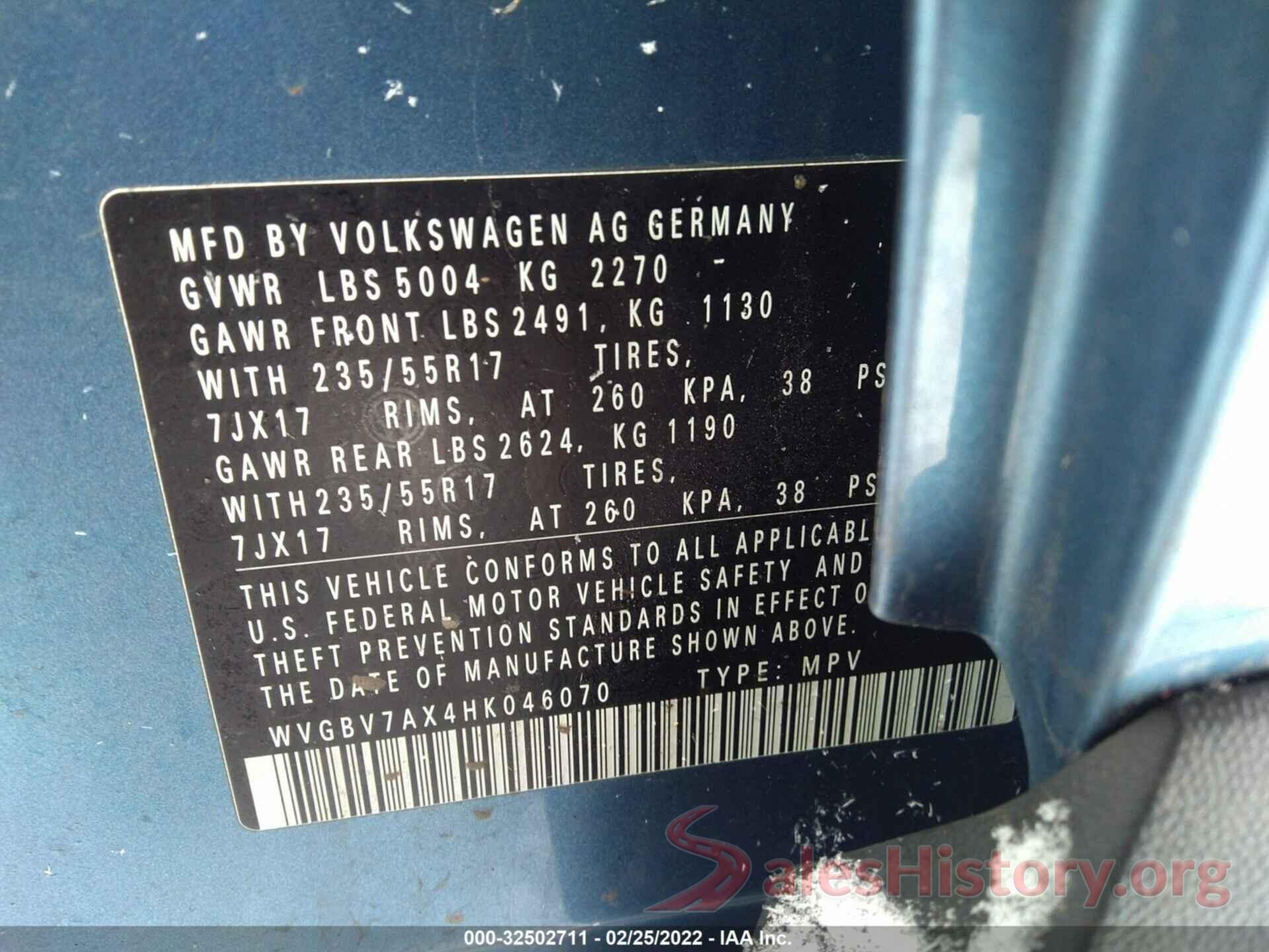 WVGBV7AX4HK046070 2017 VOLKSWAGEN TIGUAN