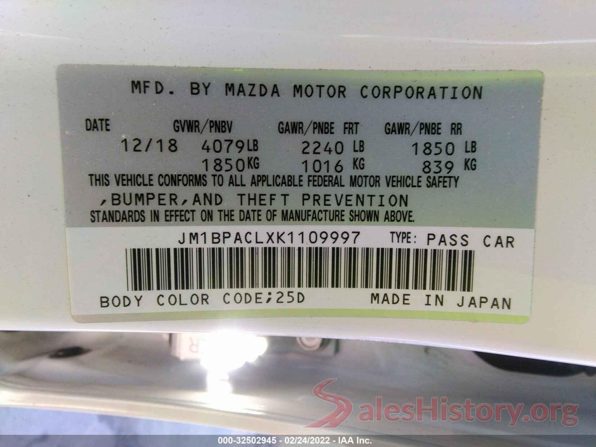 JM1BPACLXK1109997 2019 MAZDA MAZDA3 SEDAN