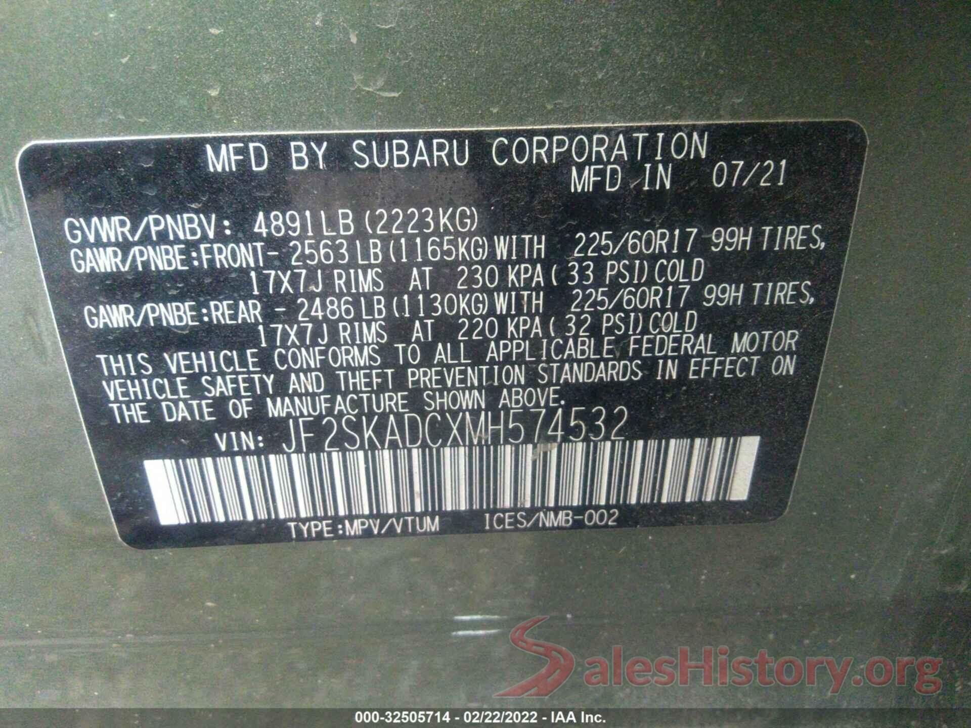 JF2SKADCXMH574532 2021 SUBARU FORESTER