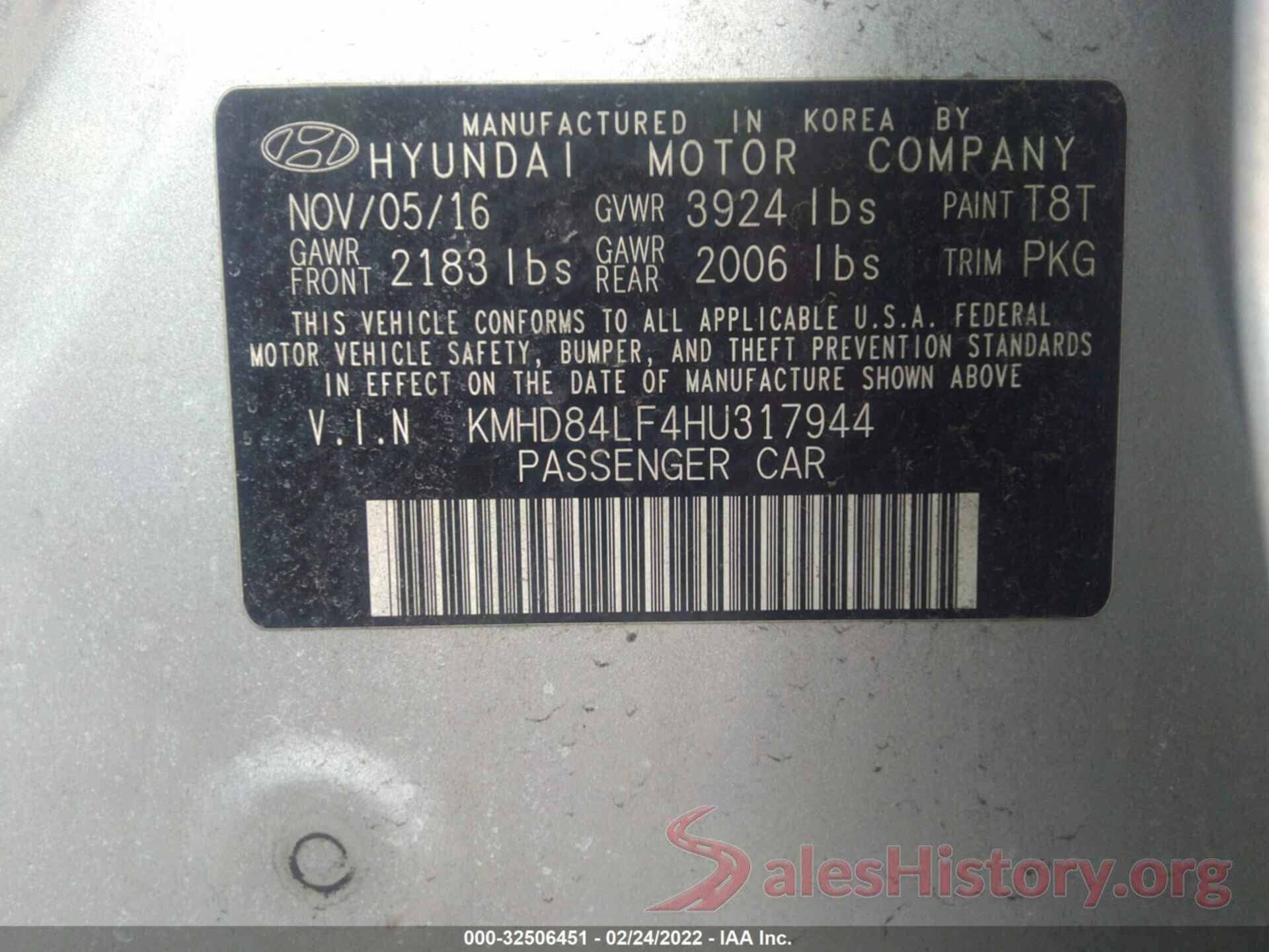 KMHD84LF4HU317944 2017 HYUNDAI ELANTRA