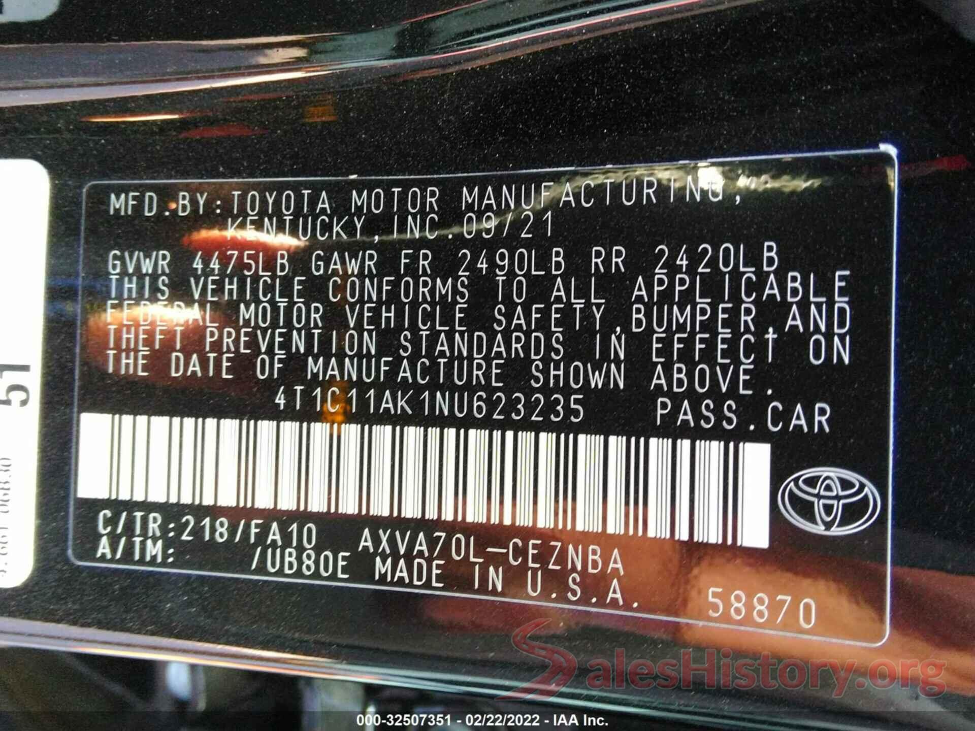 4T1C11AK1NU623235 2022 TOYOTA CAMRY