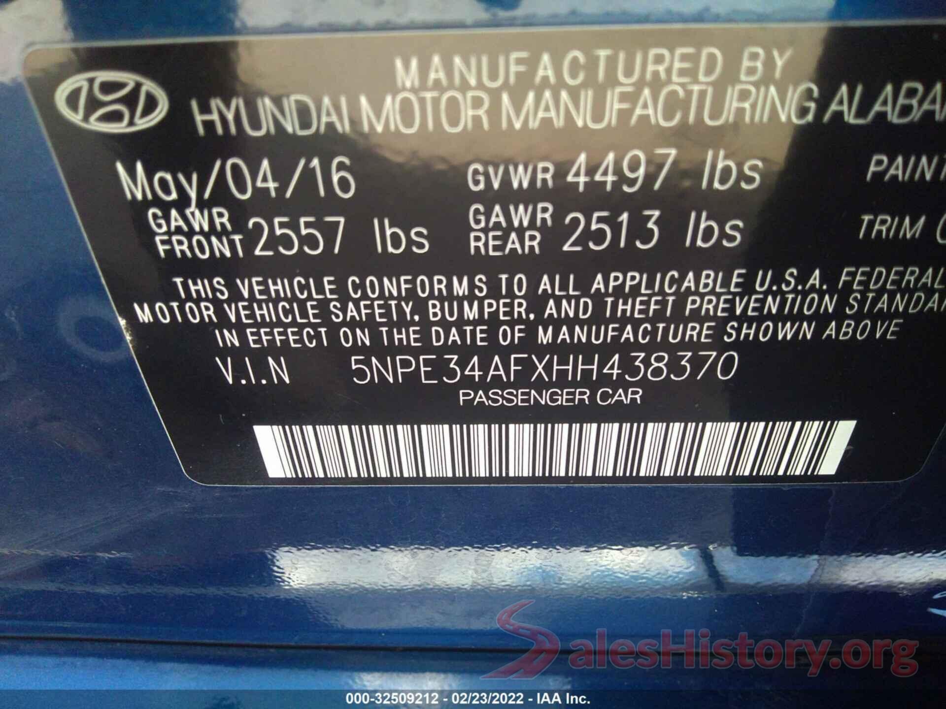 5NPE34AFXHH438370 2017 HYUNDAI SONATA