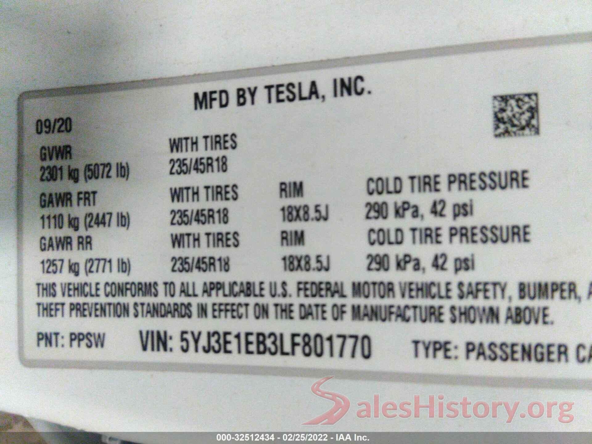 5YJ3E1EB3LF801770 2020 TESLA MODEL 3