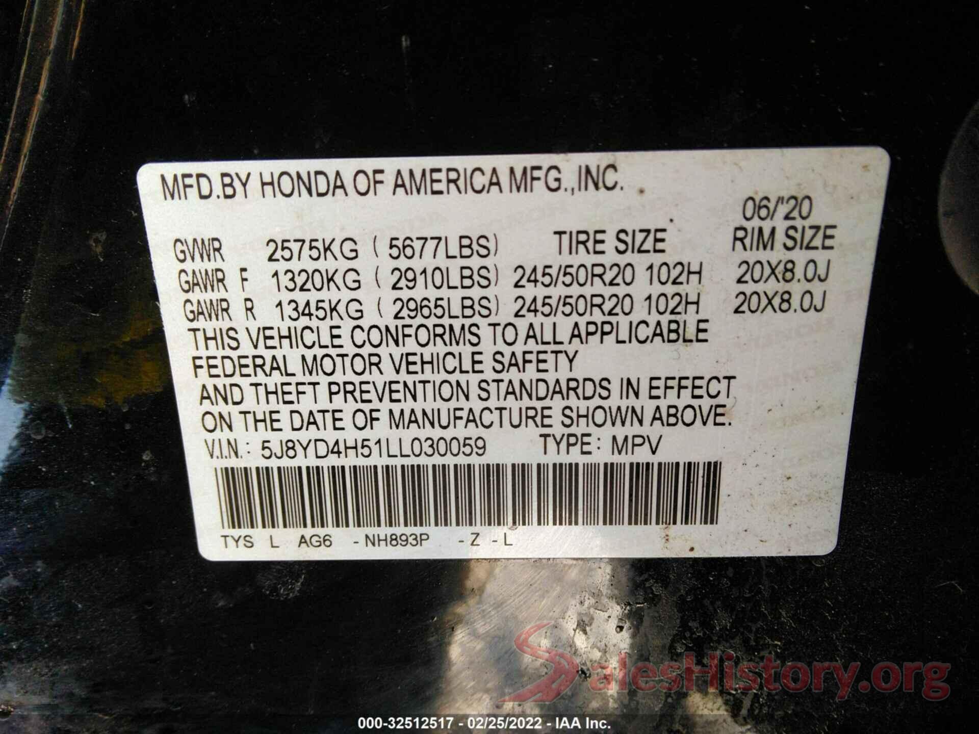 5J8YD4H51LL030059 2020 ACURA MDX