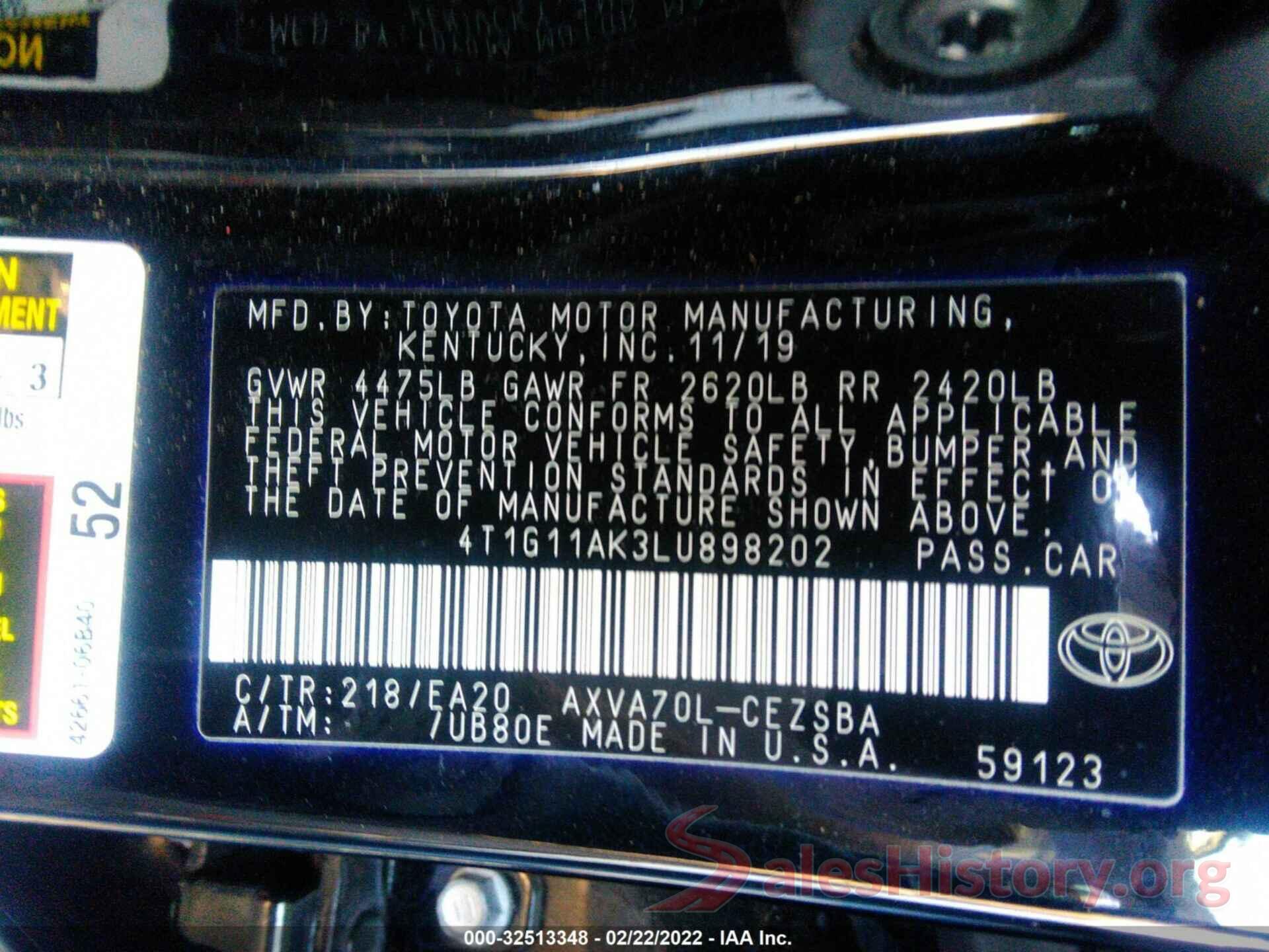 4T1G11AK3LU898202 2020 TOYOTA CAMRY