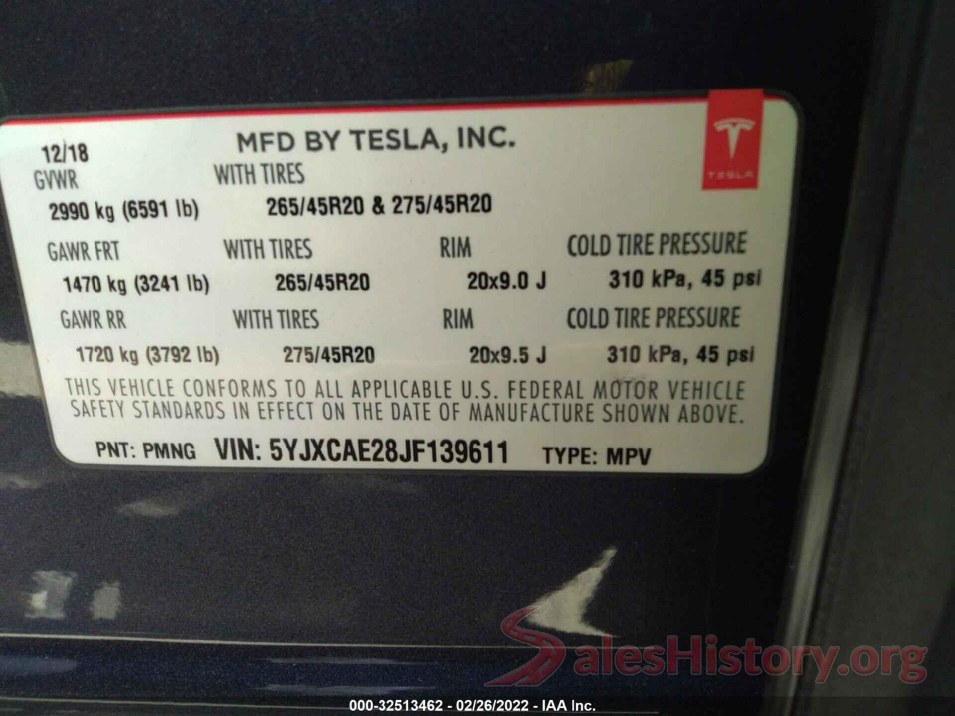 5YJXCAE28JF139611 2018 TESLA MODEL X