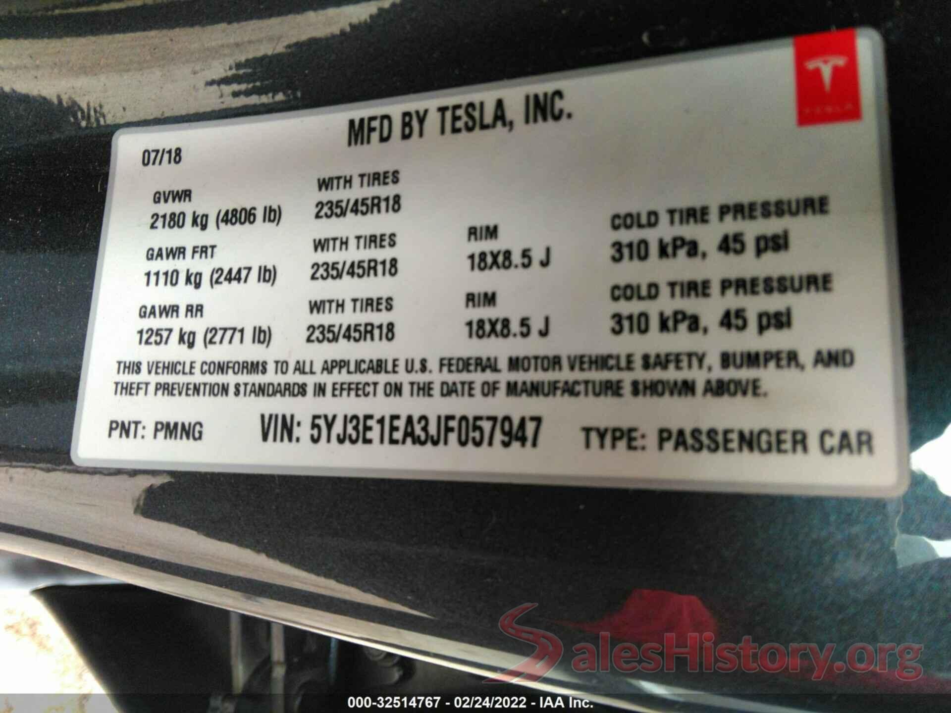 5YJ3E1EA3JF057947 2018 TESLA MODEL 3