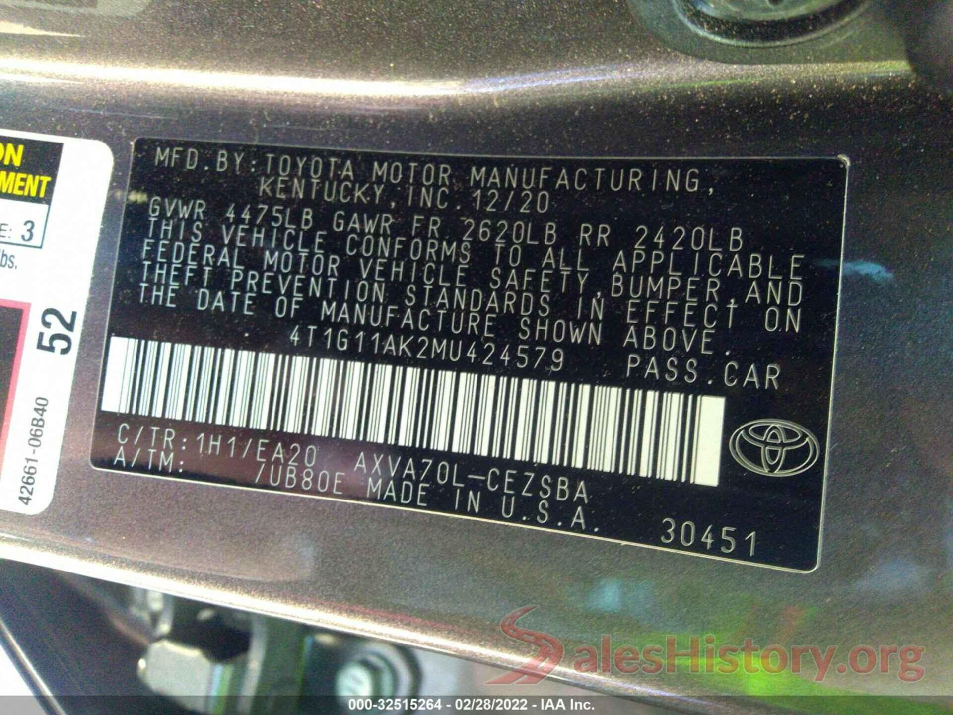 4T1G11AK2MU424579 2021 TOYOTA CAMRY