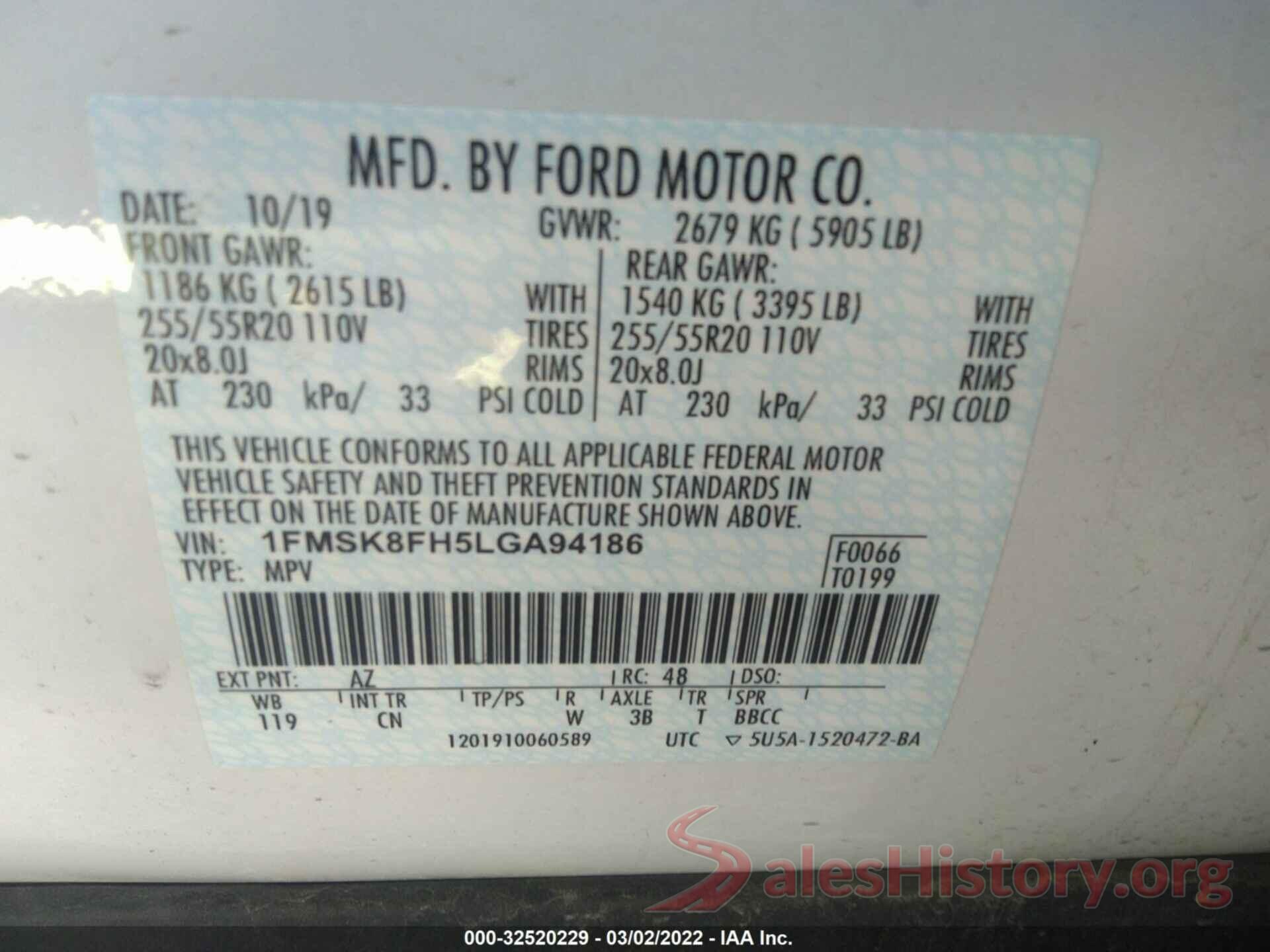 1FMSK8FH5LGA94186 2020 FORD EXPLORER