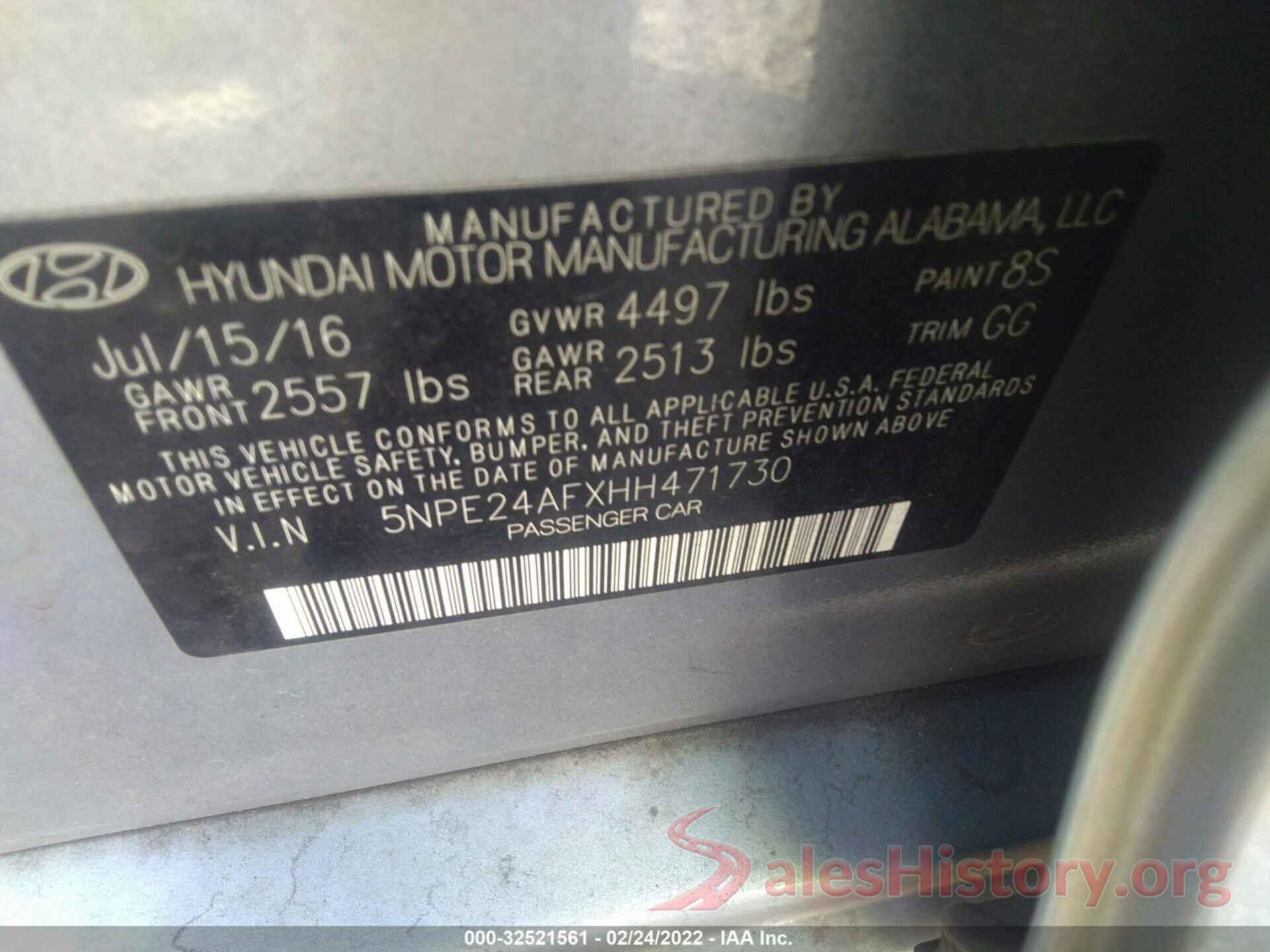 5NPE24AFXHH471730 2017 HYUNDAI SONATA