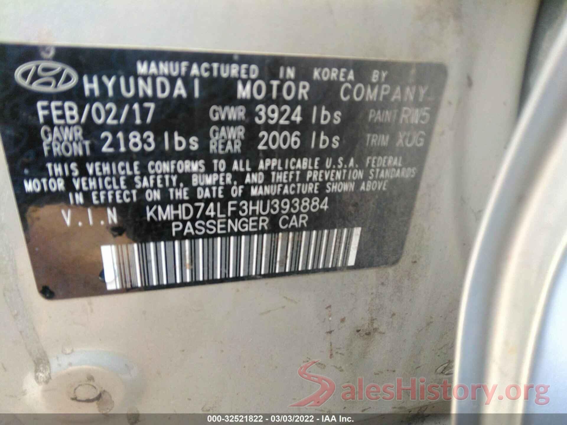 KMHD74LF3HU393884 2017 HYUNDAI ELANTRA