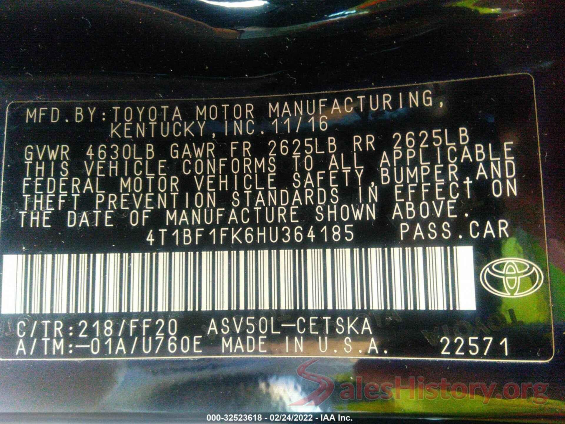 4T1BF1FK6HU364185 2017 TOYOTA CAMRY