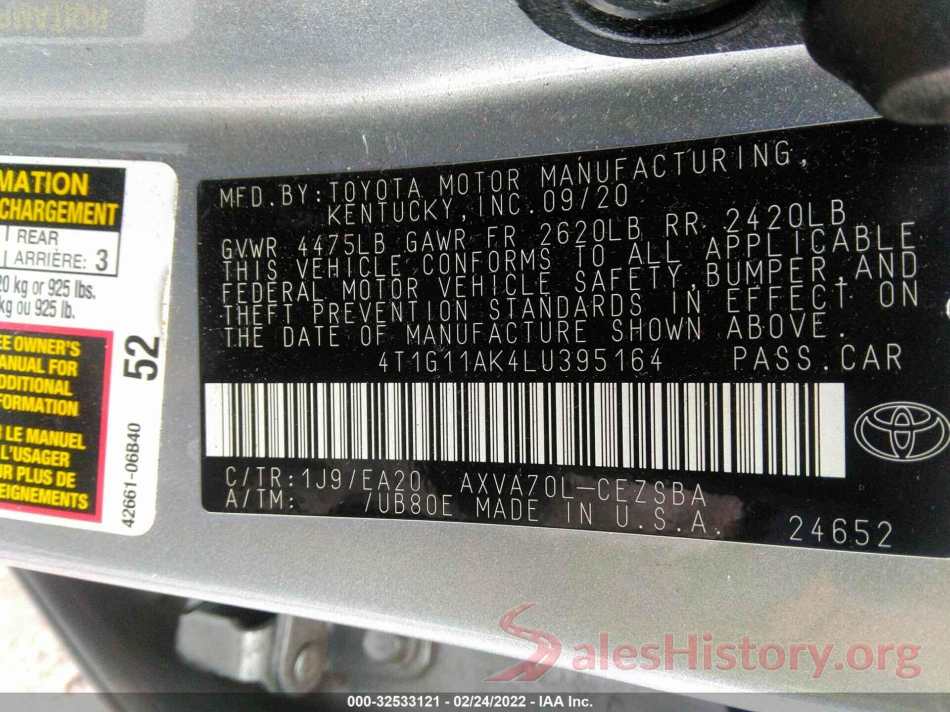 4T1G11AK4LU395164 2020 TOYOTA CAMRY