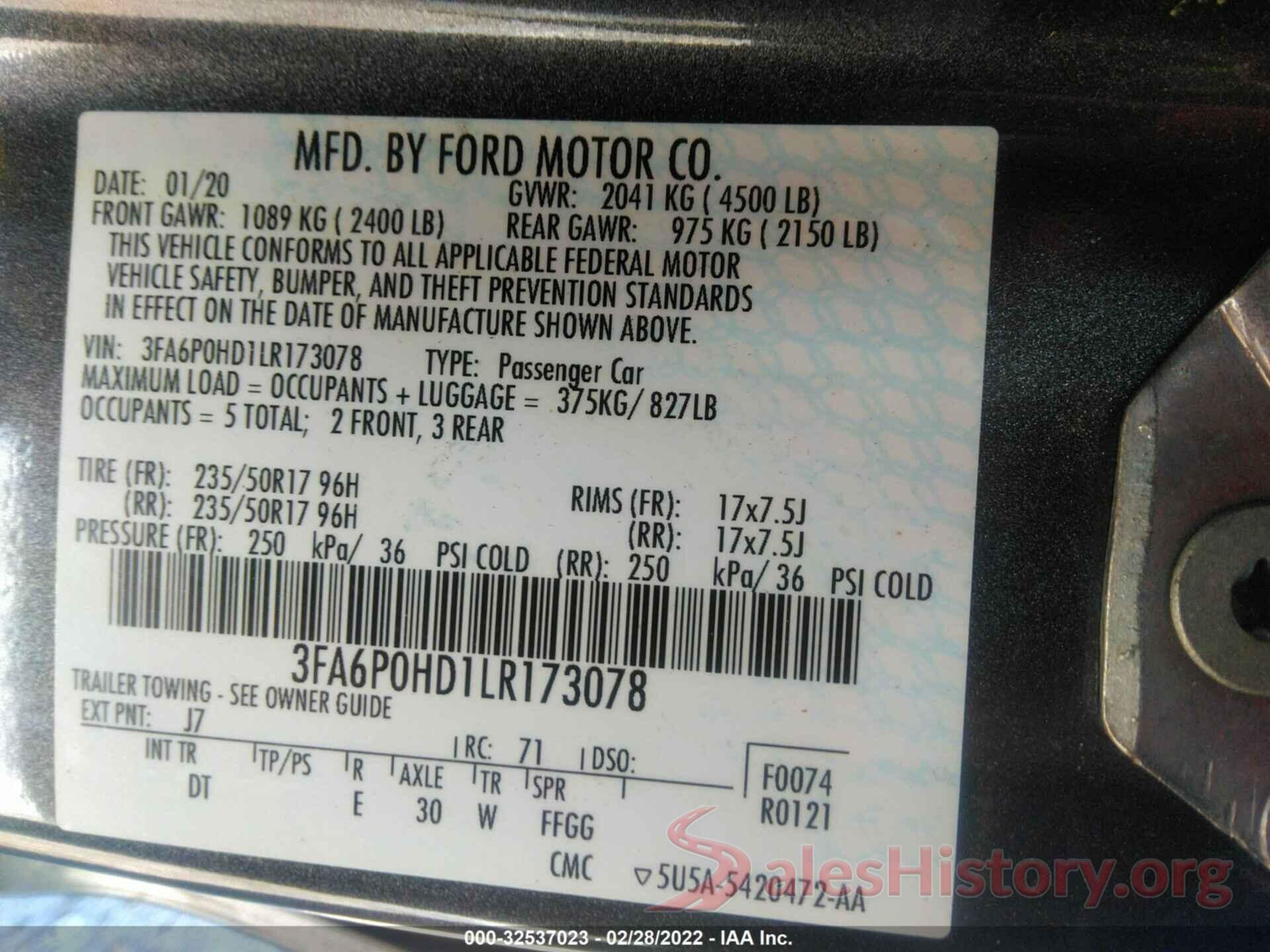 3FA6P0HD1LR173078 2020 FORD FUSION