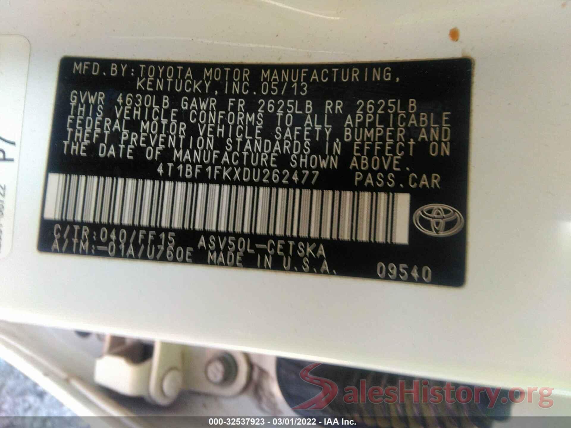 4T1BF1FKXDU262477 2013 TOYOTA CAMRY