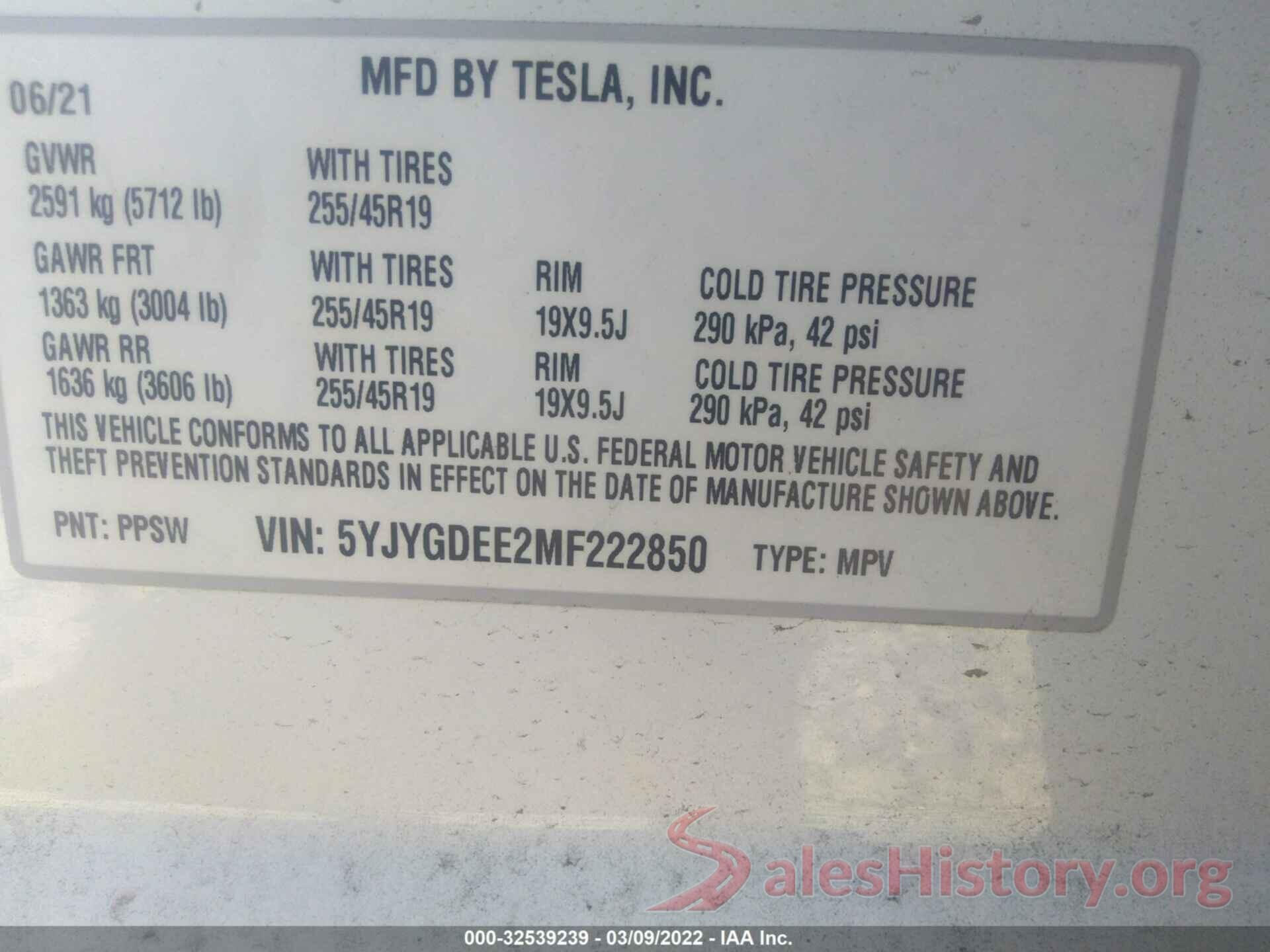 5YJYGDEE2MF222850 2021 TESLA MODEL Y