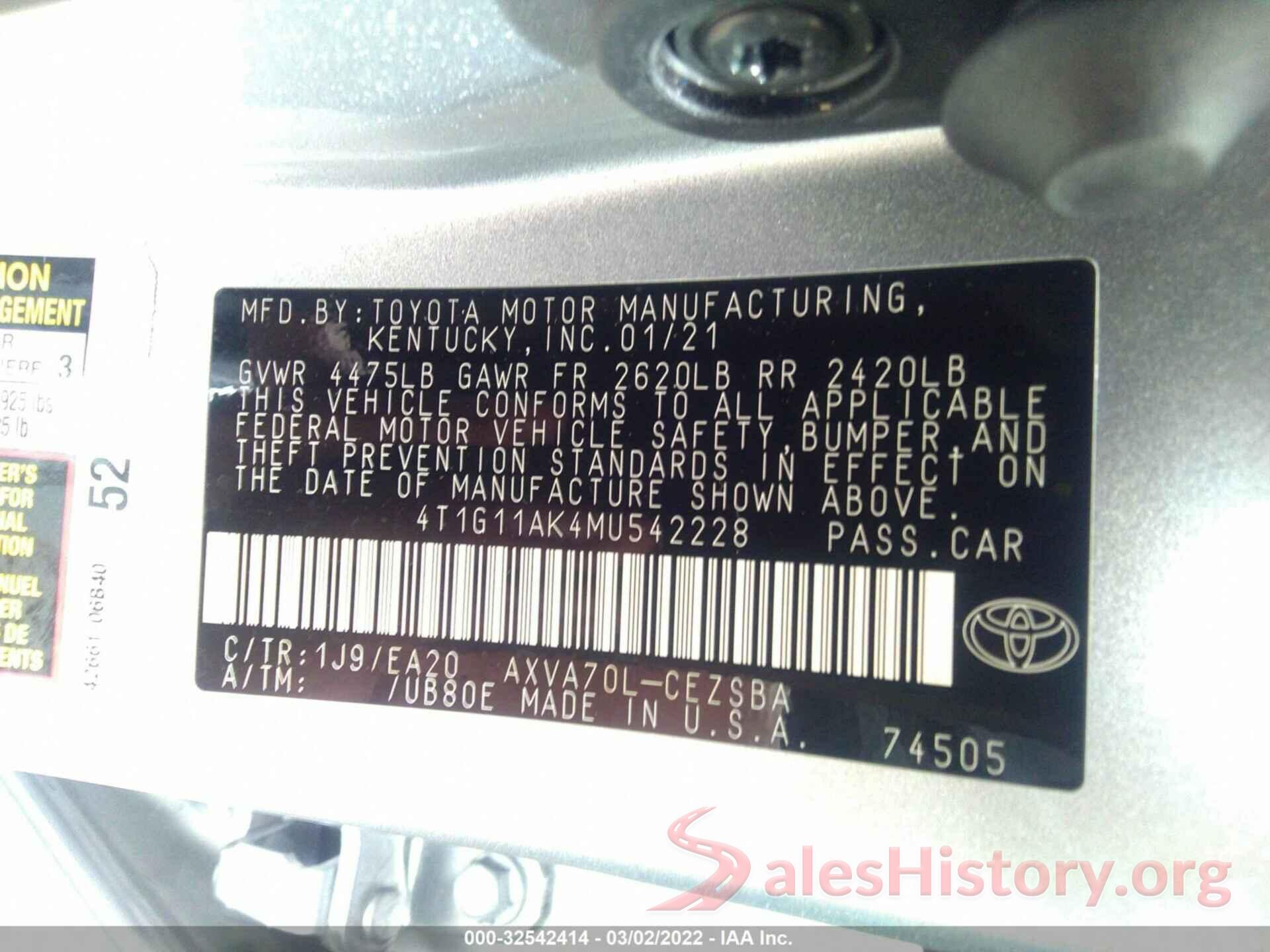 4T1G11AK4MU542228 2021 TOYOTA CAMRY