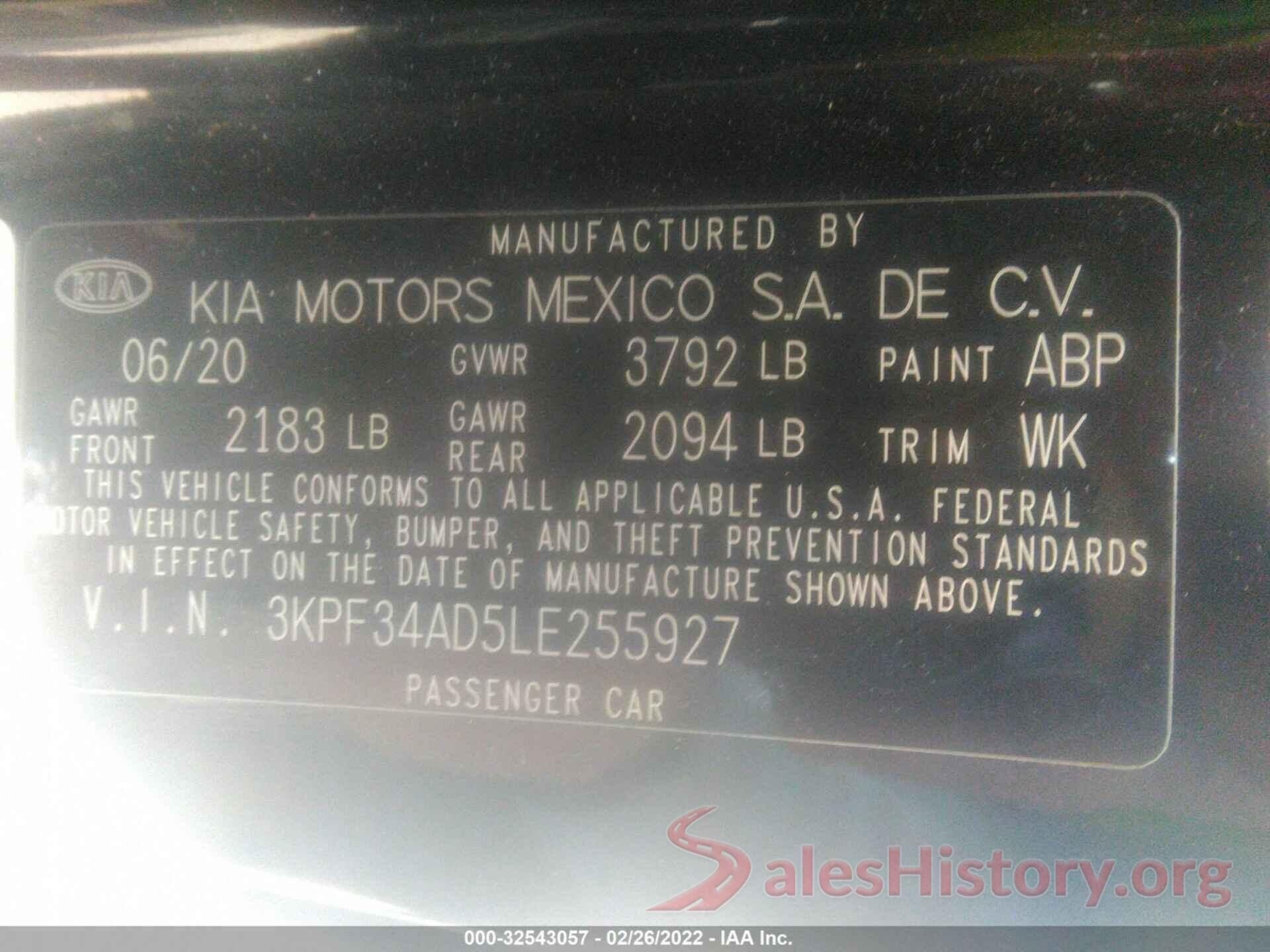 3KPF34AD5LE255927 2020 KIA FORTE