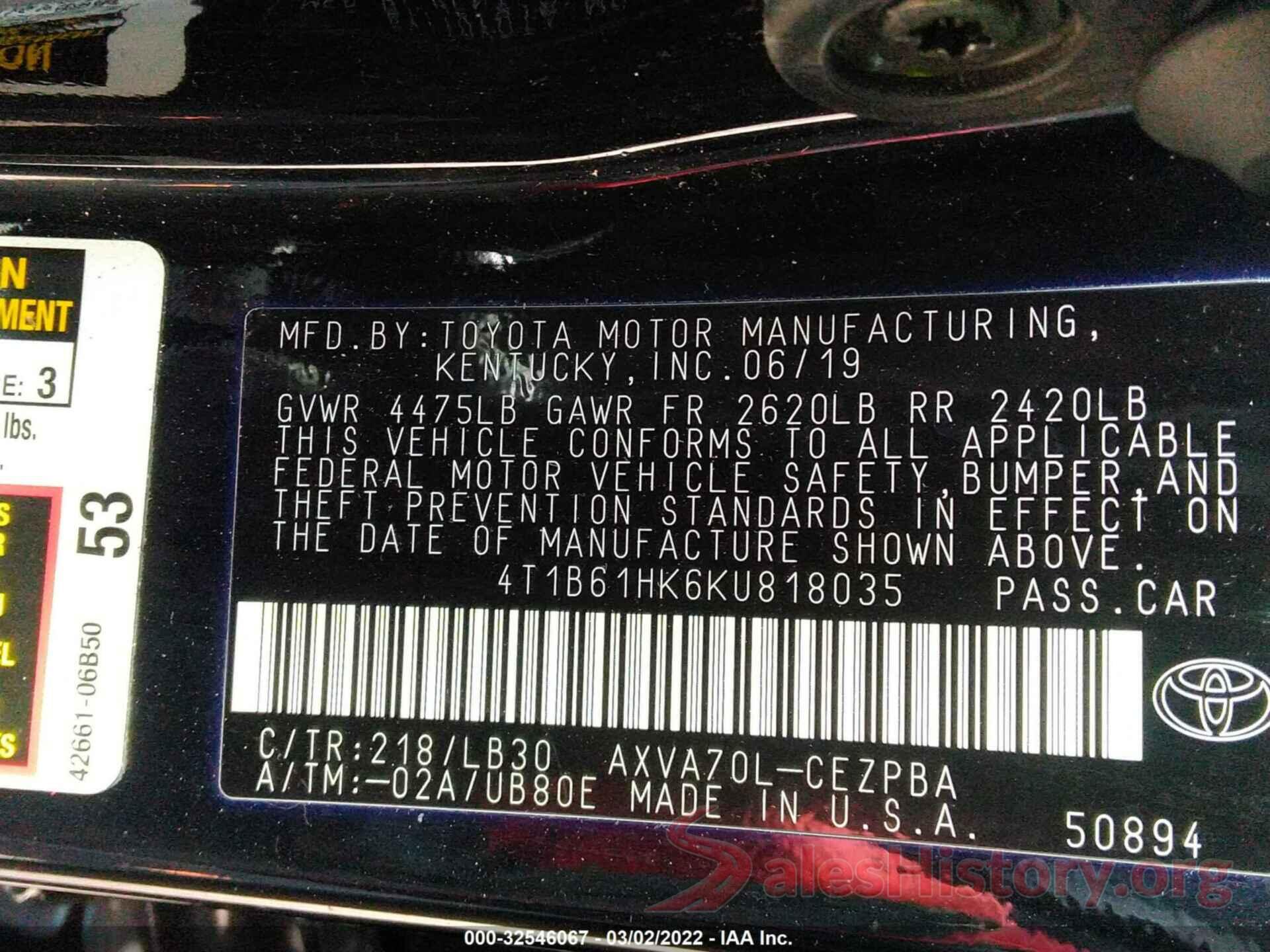 4T1B61HK6KU818035 2019 TOYOTA CAMRY