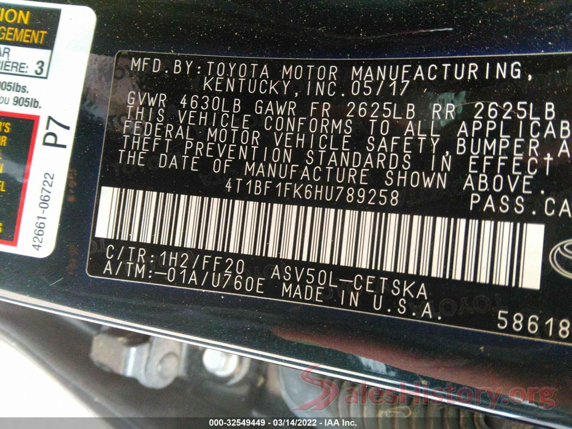 4T1BF1FK6HU789258 2017 TOYOTA CAMRY