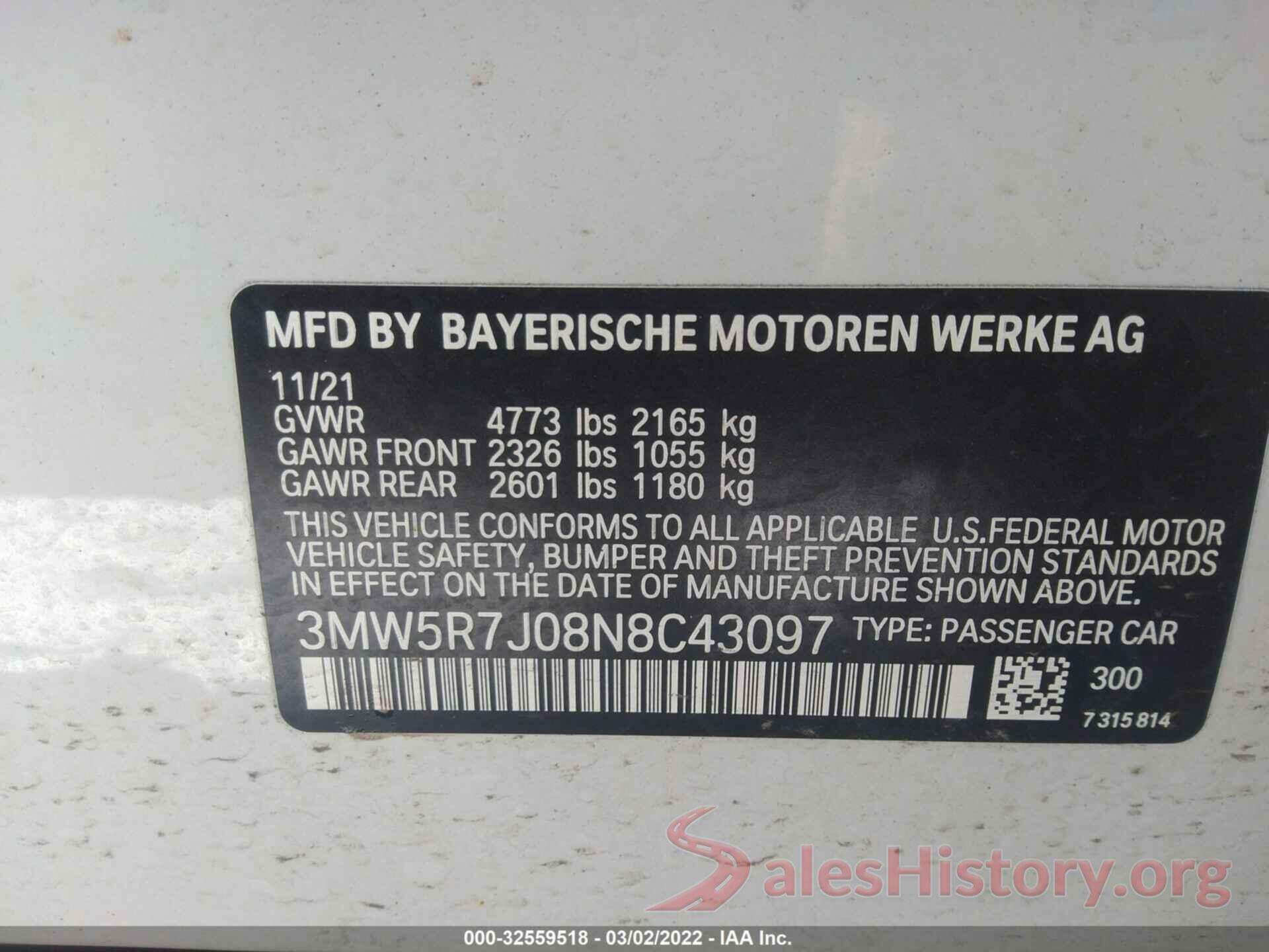 3MW5R7J08N8C43097 2022 BMW 3 SERIES