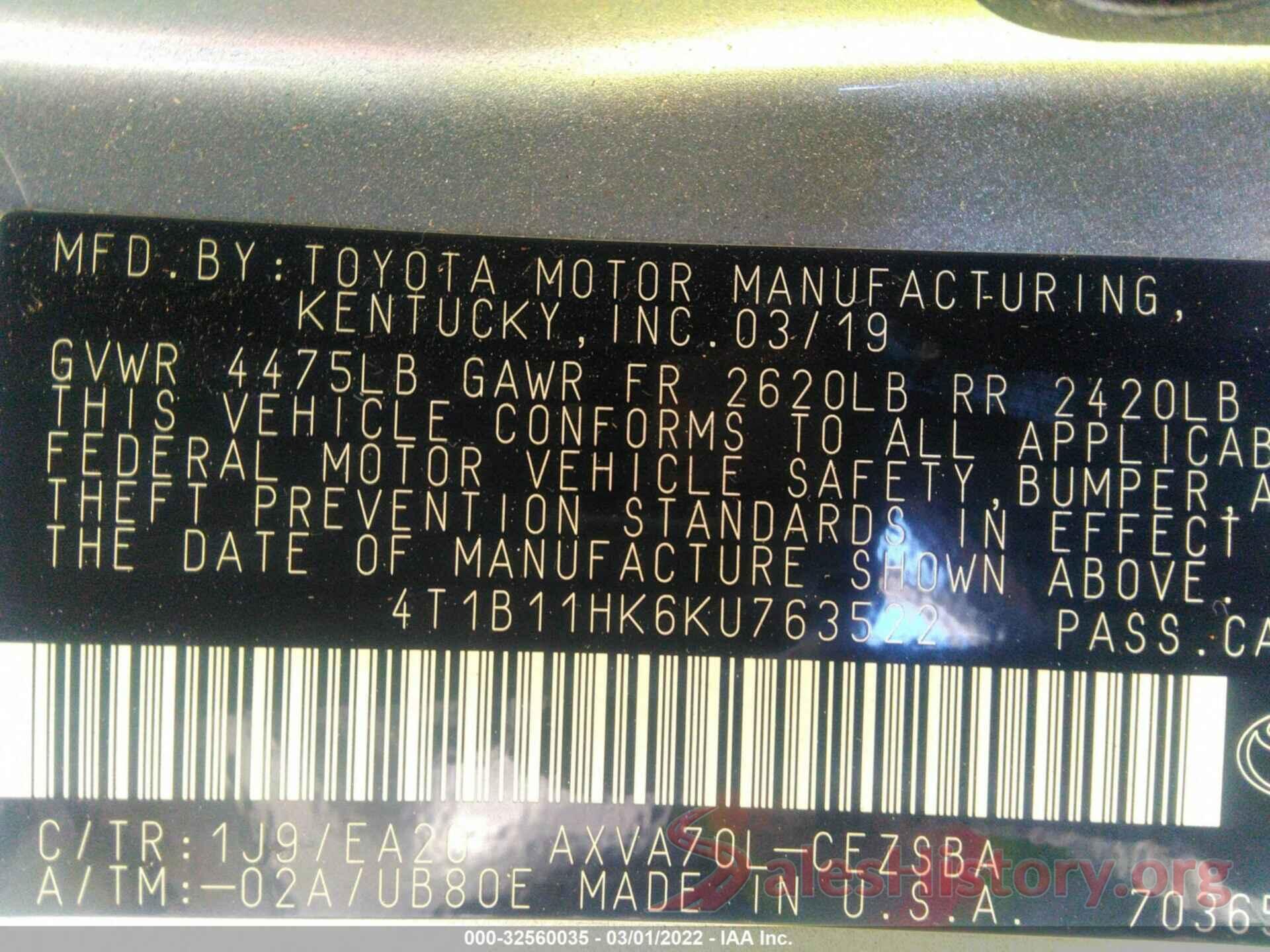 4T1B11HK6KU763522 2019 TOYOTA CAMRY