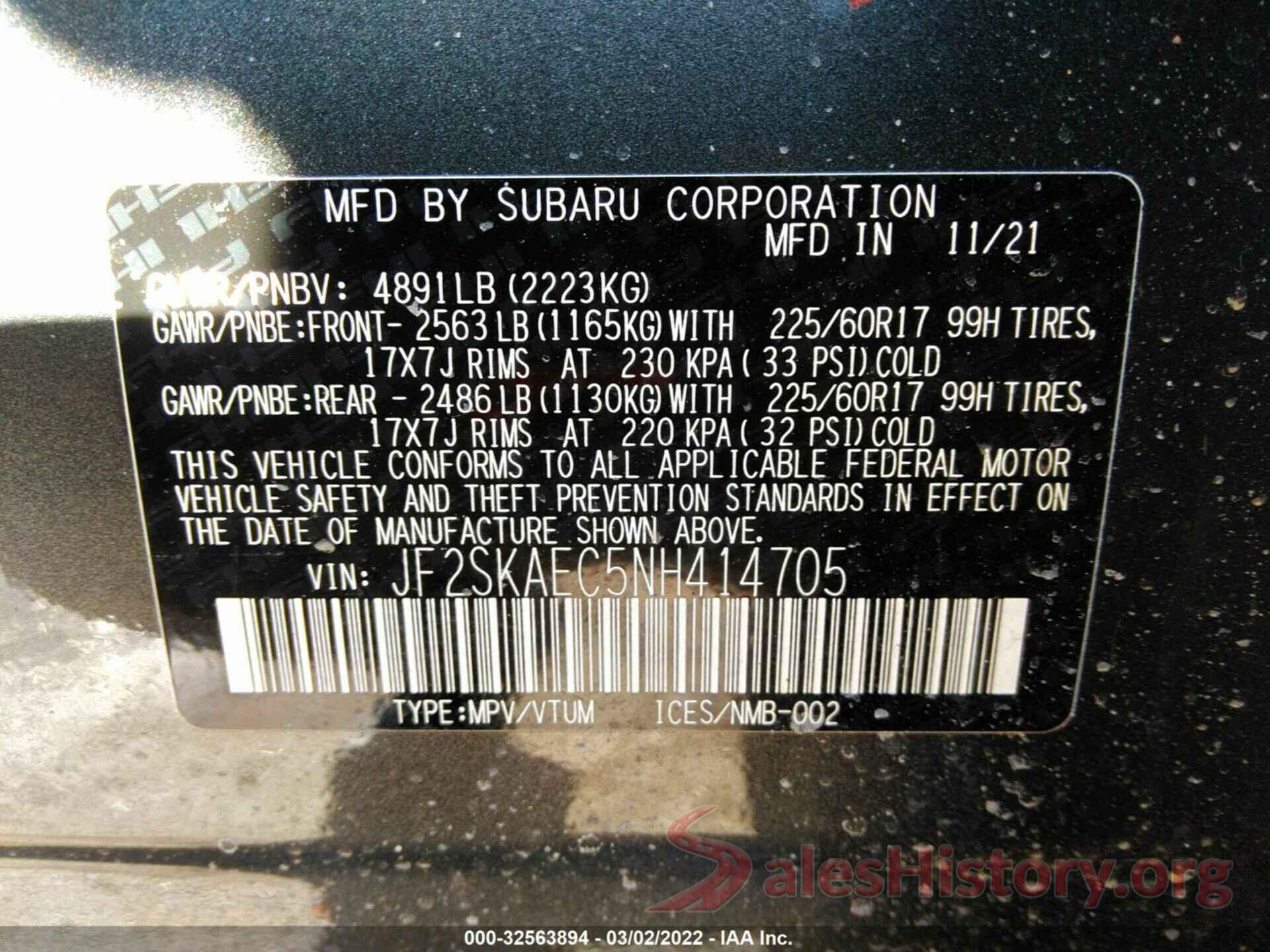 JF2SKAEC5NH414705 2022 SUBARU FORESTER