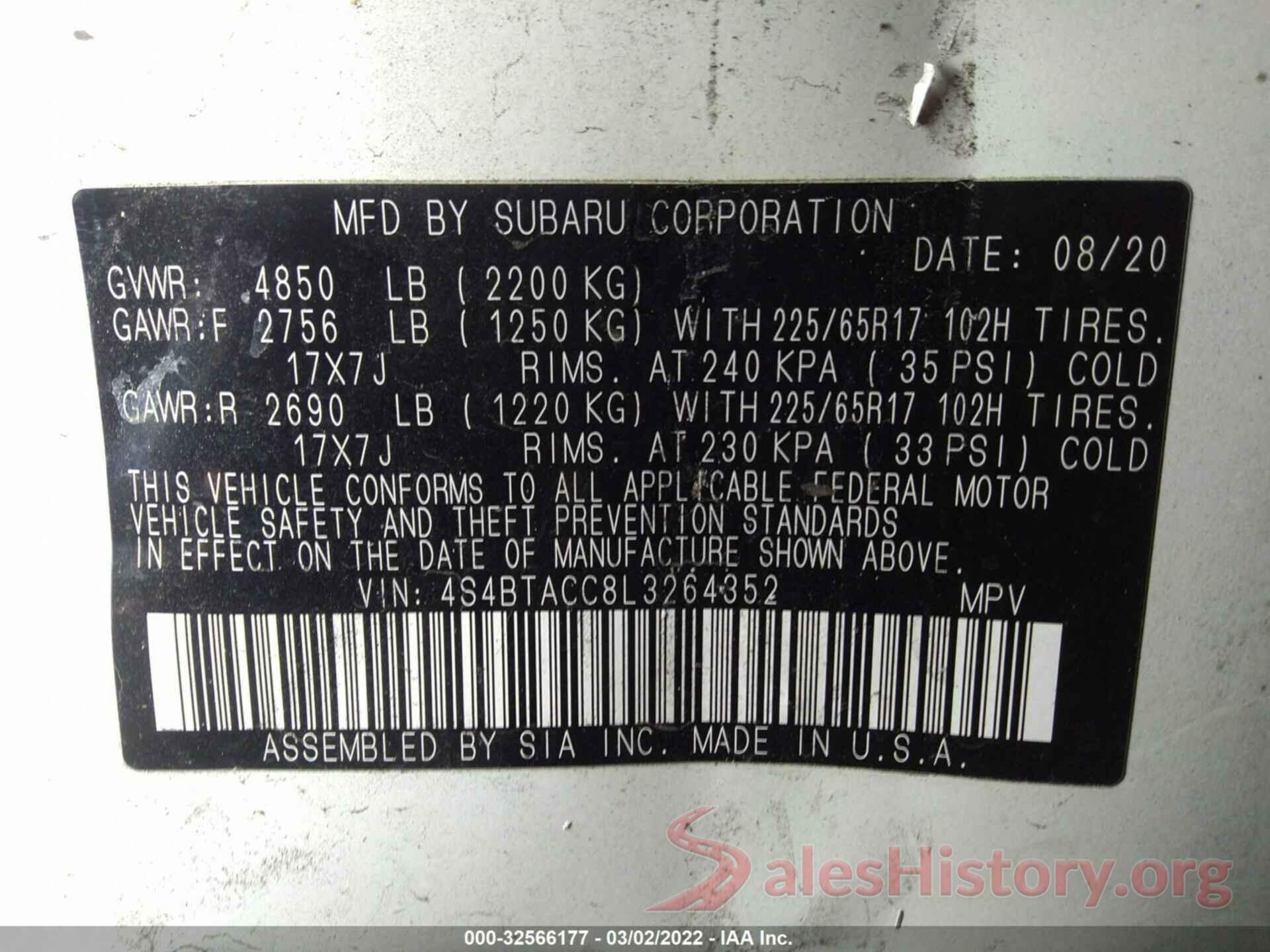 4S4BTACC8L3264352 2020 SUBARU OUTBACK