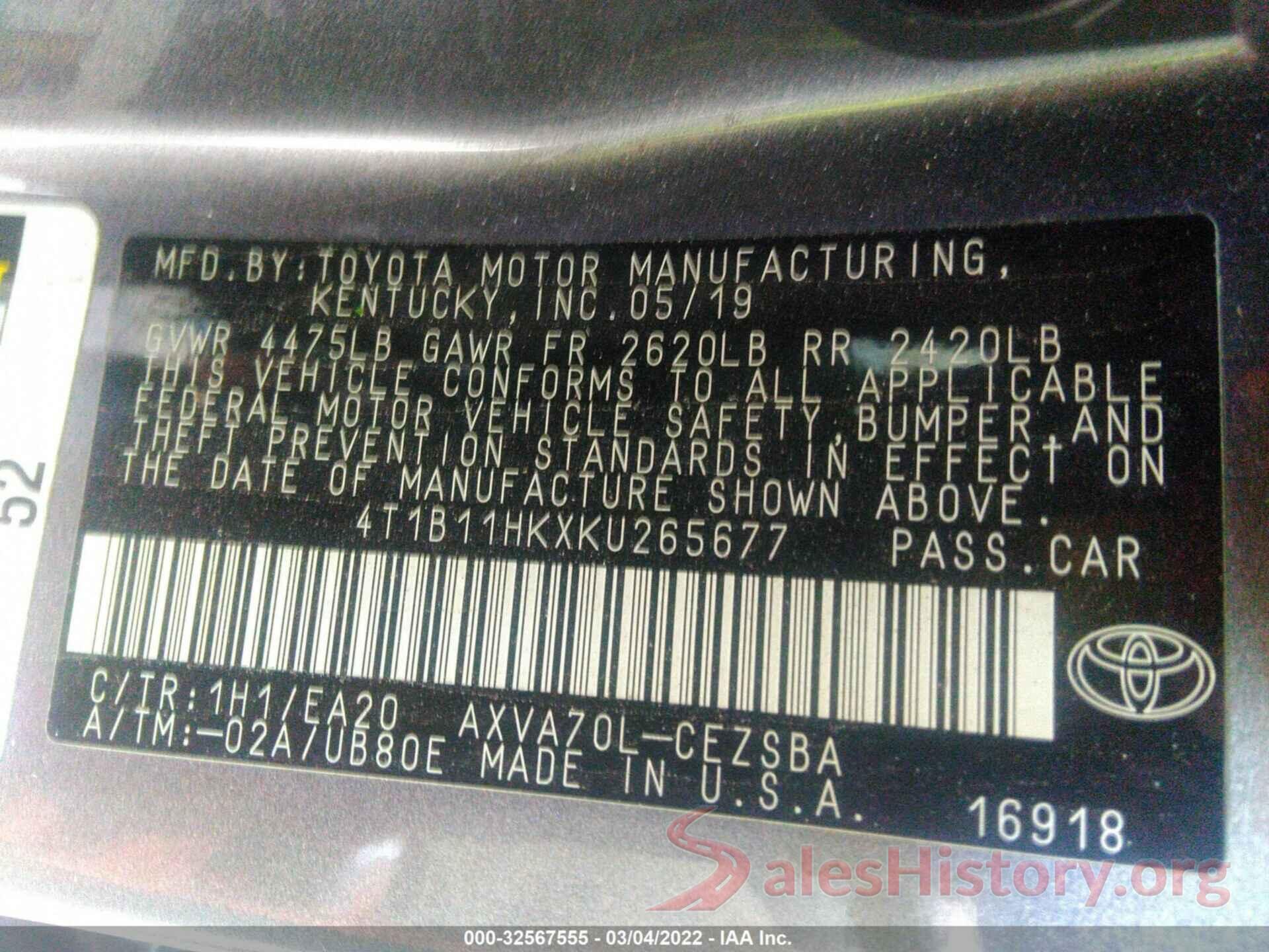 4T1B11HKXKU265677 2019 TOYOTA CAMRY